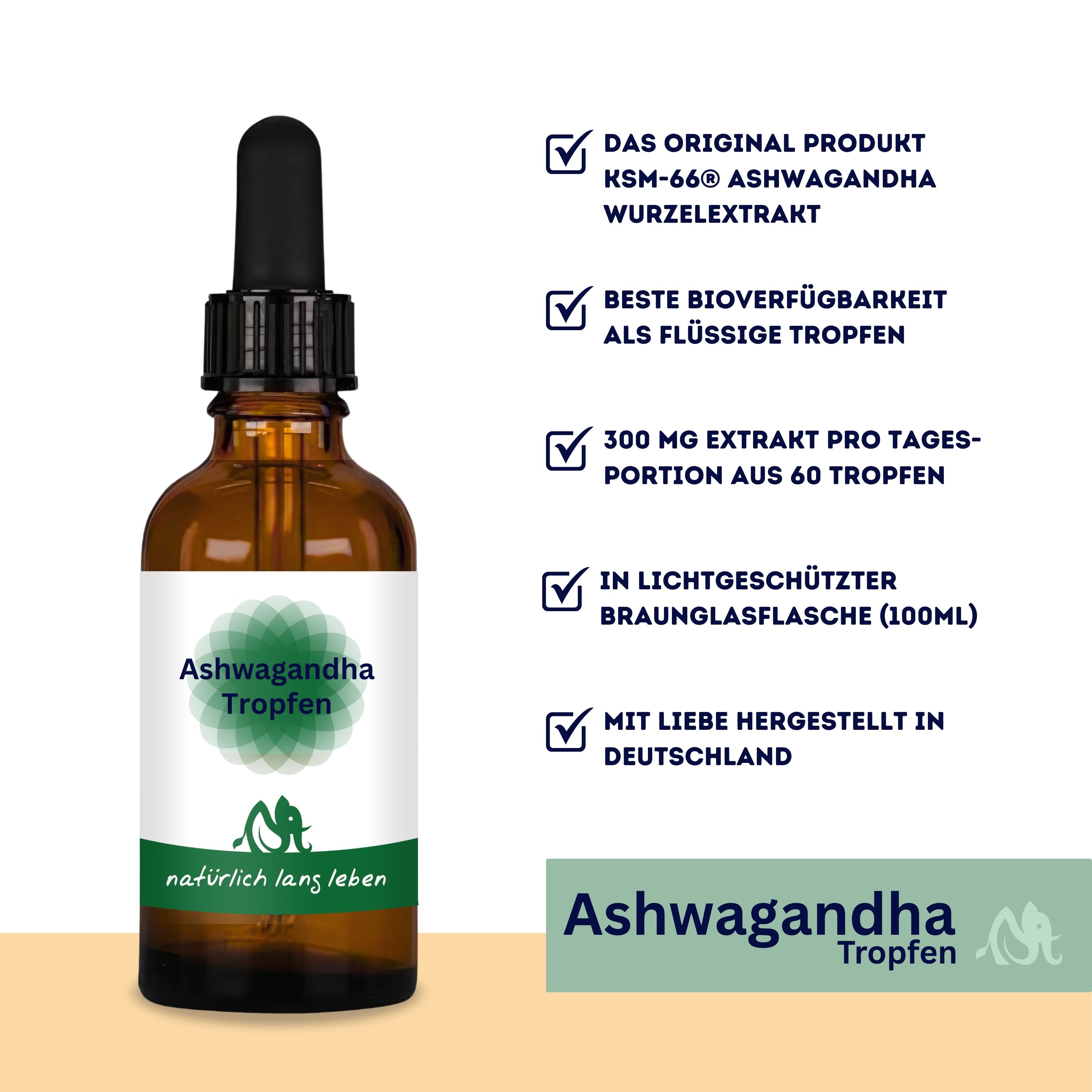 Braunglasflasche mit Tropfer. Text: "Ashwagandha Tropfen". Checklisten mit Produktmerkmalen. Logo und Text: natürlich lang leben.