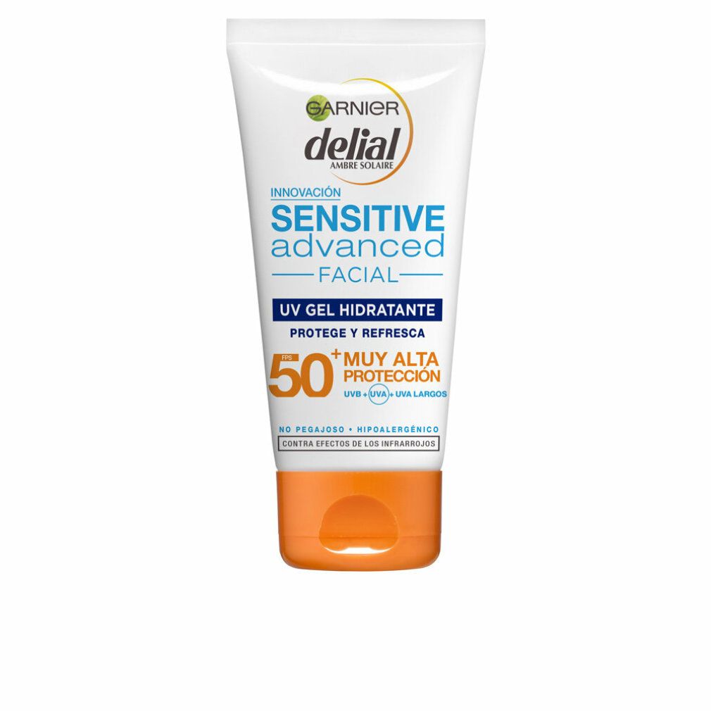 Weiß-orange Tube. Text: Garnier Delial, Sensitive Advanced Facial, UV Gel Hydratante, Schutzfaktor 50. Hypoallergen.