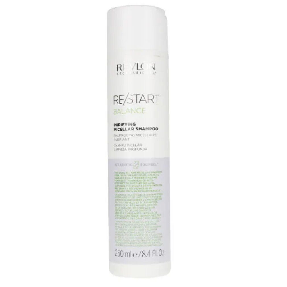 Weiß-lila Flasche mit Shampoo. Aufschrift: Revlon Professional, Re/Start Balance, Purifying Micellar Shampoo. 250 ml.