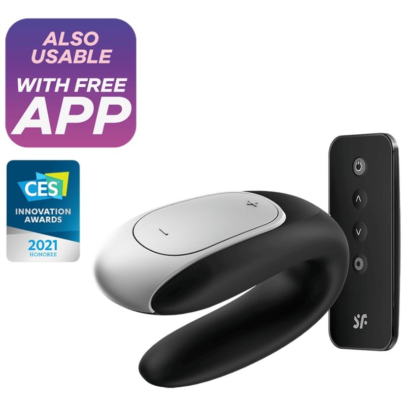 Gerät mit App-Anzeige. Schwarzes, U-förmiges Gerät mit silberner Oberseite und Fernbedienung. Auszeichnungen.