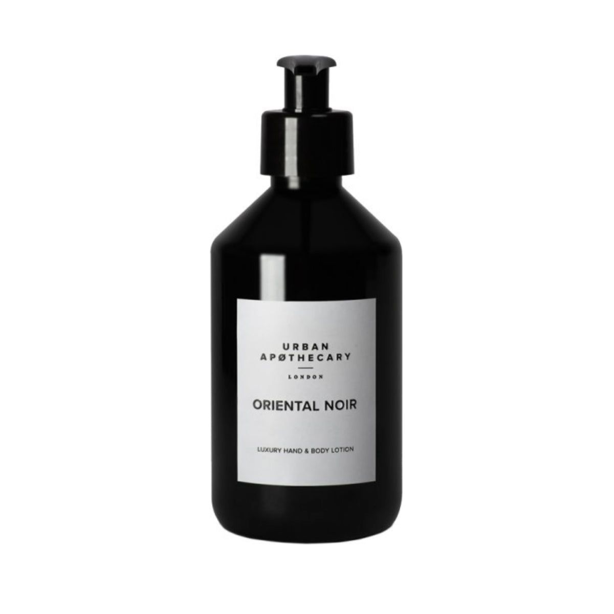 Schwarze Flasche mit Pumpe. Aufkleber mit "Urban Apothecary London" und "Oriental Noir". Luxus Hand & Body Lotion.