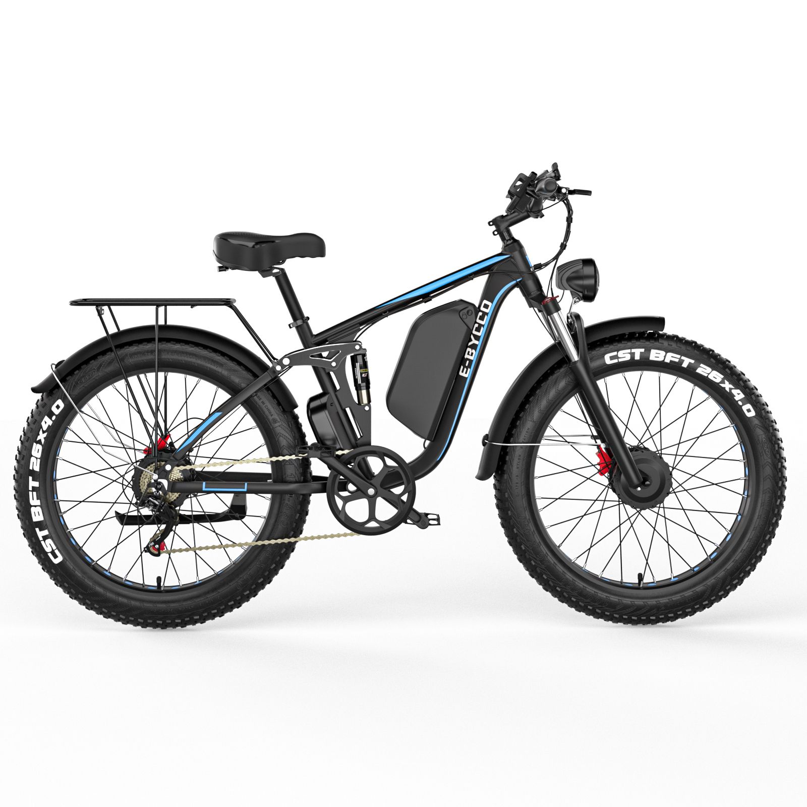 Schwarzes E-Bike mit breiten Reifen. Seitenansicht. Gepäckträger, Akku, Sattel, CST BFT-Reifen.