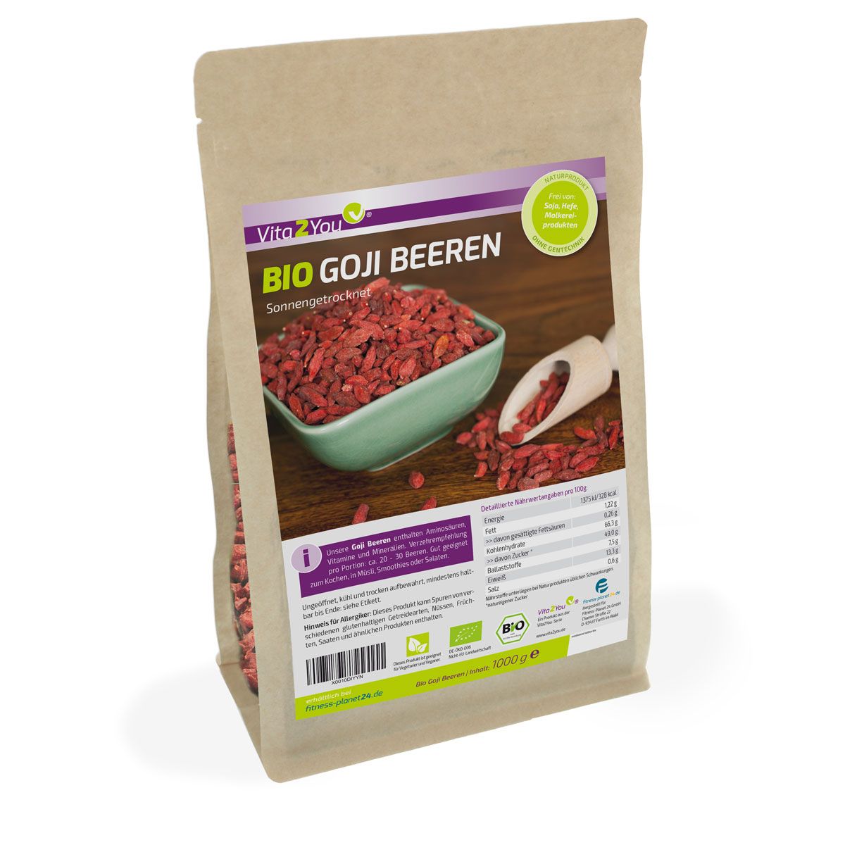 Verpackung mit Bio Goji Beeren. Text: Vita2You, Bio Goji Beeren, sonnengetrocknet. Mit Schale und Löffel. Zertifizierungen.