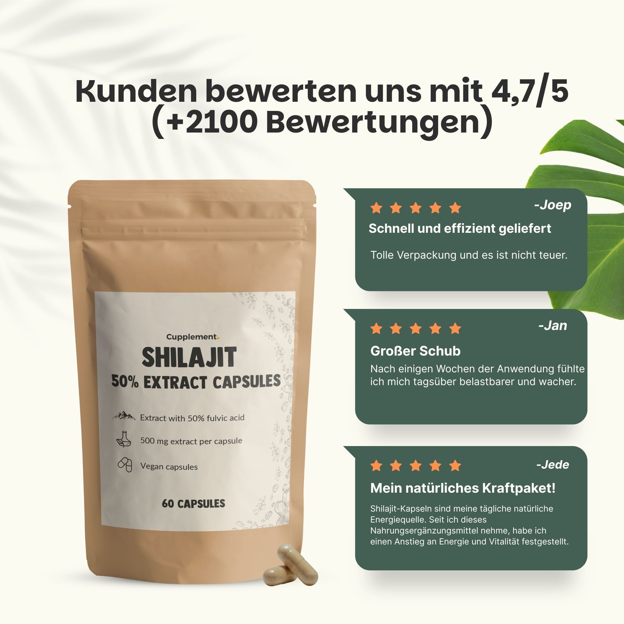 Beutel mit Shilajit Extrakt Kapseln. Text: Kunden bewerten uns mit 4,7/5. Zitate von Kunden.