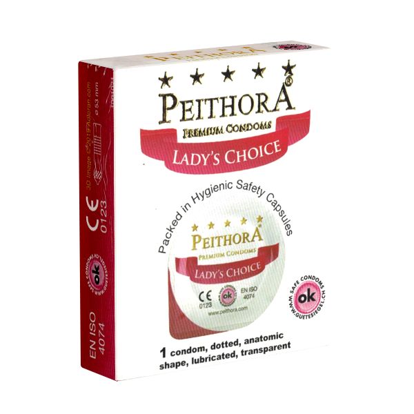 Verpackung von Kondomen. Aufschrift: Peithora, Lady's Choice. Mit CE-Kennzeichnung und Qualitätszeichen.