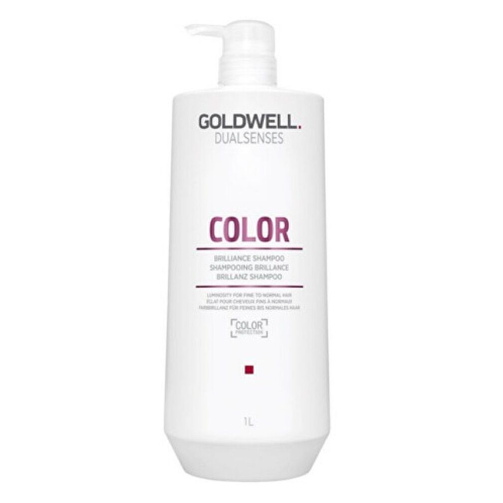 Weißer Goldwell Dualsenses Color Brilliance Shampoo Behälter mit Pumpe. Text: COLOR, Brilliance Shampoo. 1L.