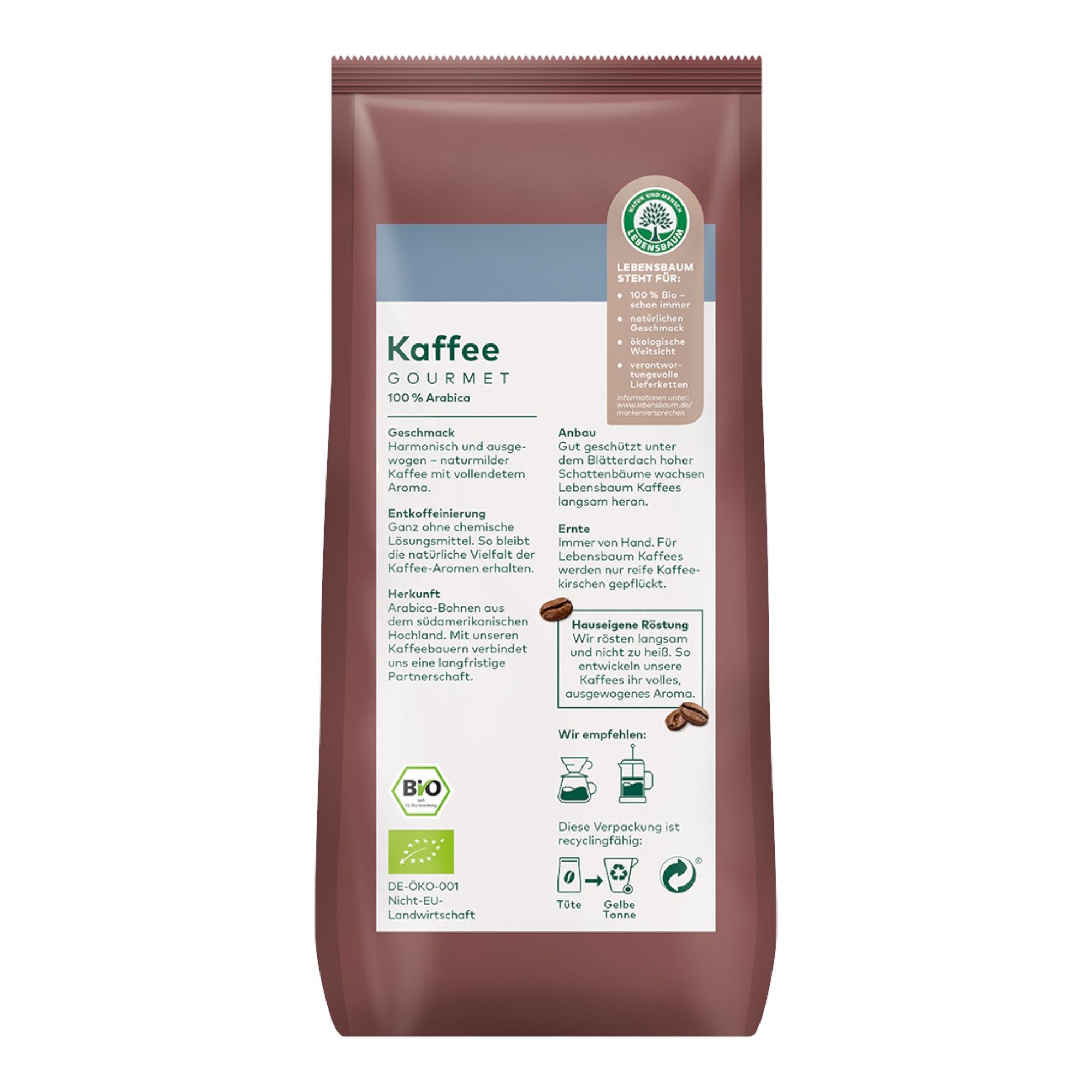Braune Kaffeepackung mit Bio-Siegel und Informationen zu "Kaffee GOURMET 100% Arabica".