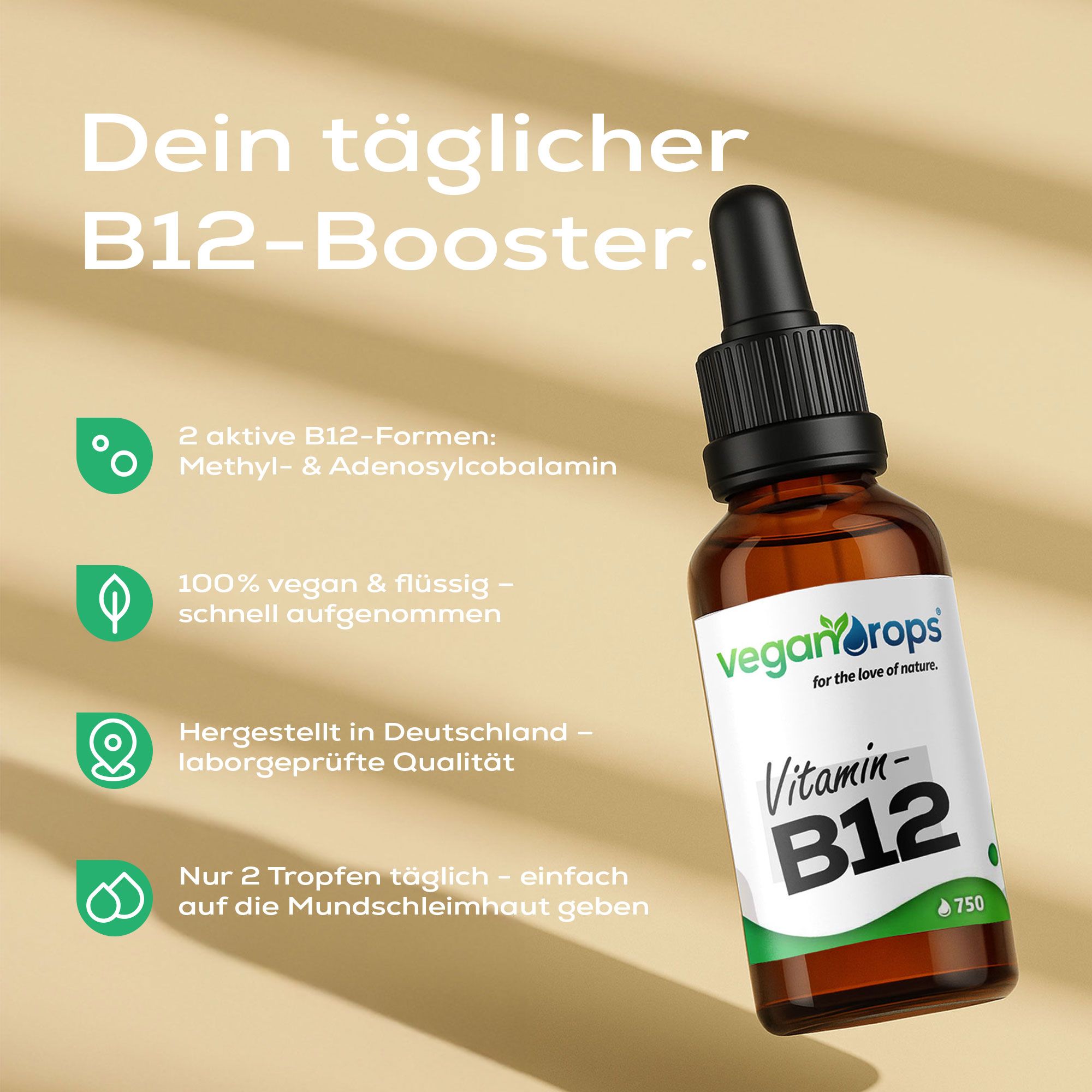 Braune Flasche mit Tropfer. Text: "Vegan Drops", "Vitamin B12". Text über Vorteile. Grüne Icons. Hintergrund in Goldtönen.