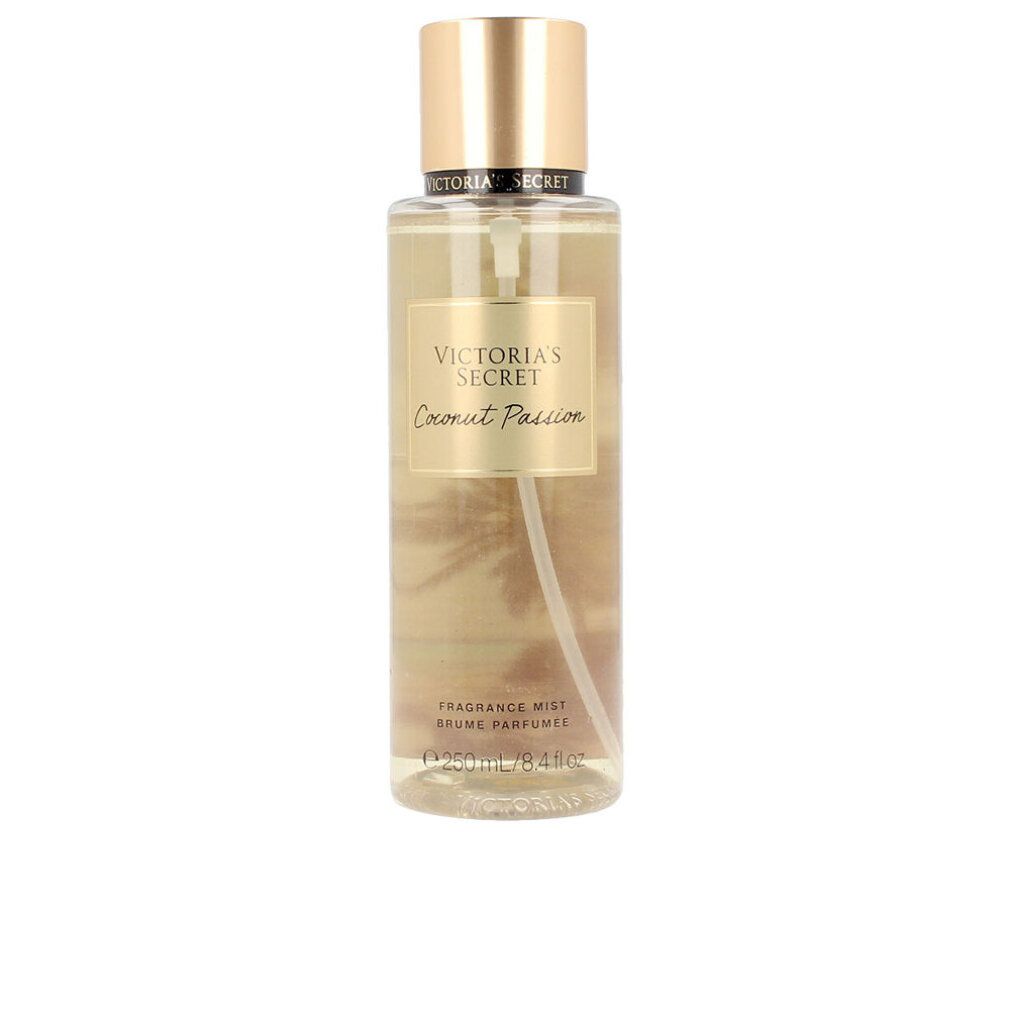 Victoria's Secret Körperspray mit goldenem Verschluss und Etikett, auf weißem Hintergrund.