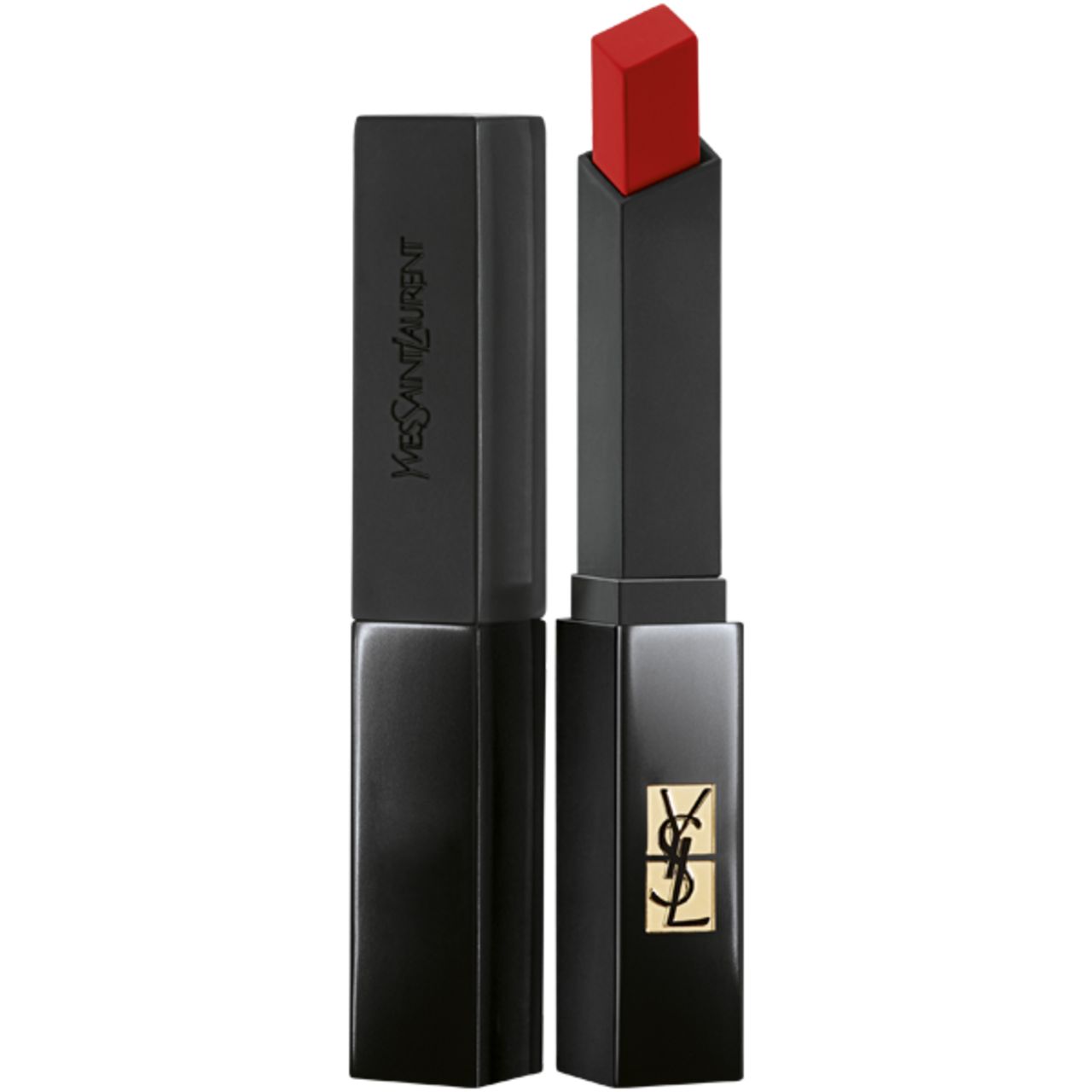 Schwarzer Lippenstift, geöffnet. Roter Lippenstiftstift. YSL-Logo und Schriftzug auf dem Gehäuse.