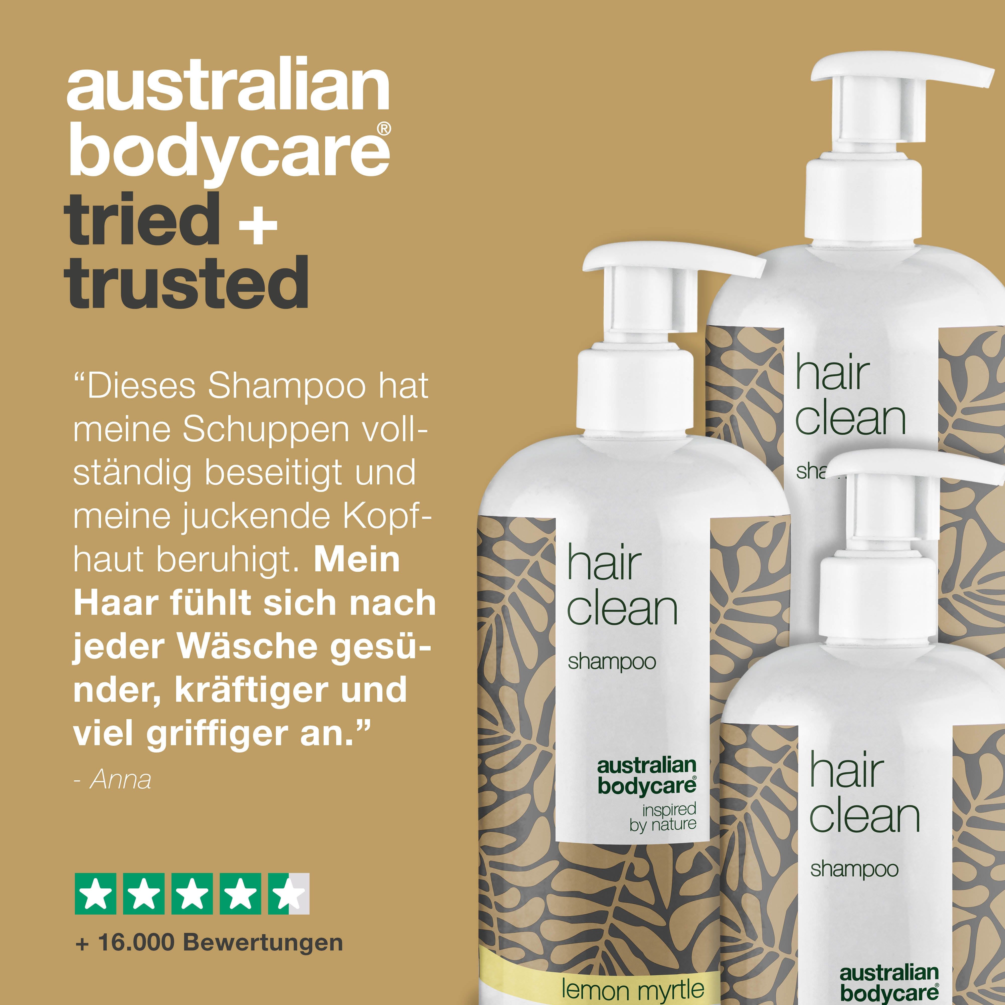 Text: Australian Bodycare, bewährt und vertraut. Zitat und 5-Sterne-Bewertung. Über 16.000 Bewertungen.