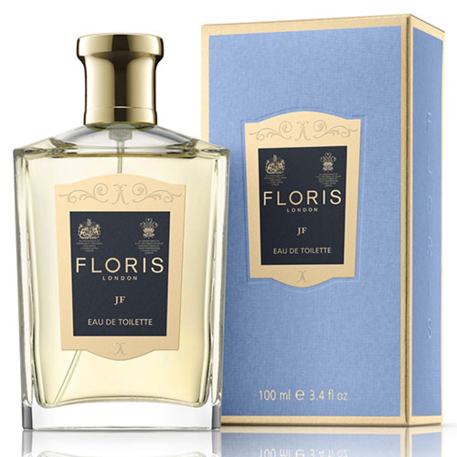 Flakon und Schachtel. Aufschrift FLORIS LONDON, JF, Eau de Toilette. Hellblauer Karton mit goldfarbenen Details. Glasflakon mit goldfarbenem Verschluss.