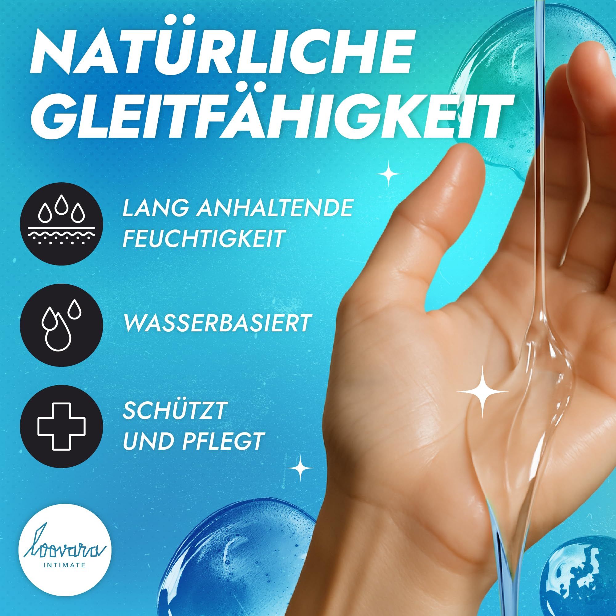 Hand mit Gleitmittel. Wasserbasiertes Gleitmittel für langanhaltende Feuchtigkeit, schützt und pflegt.