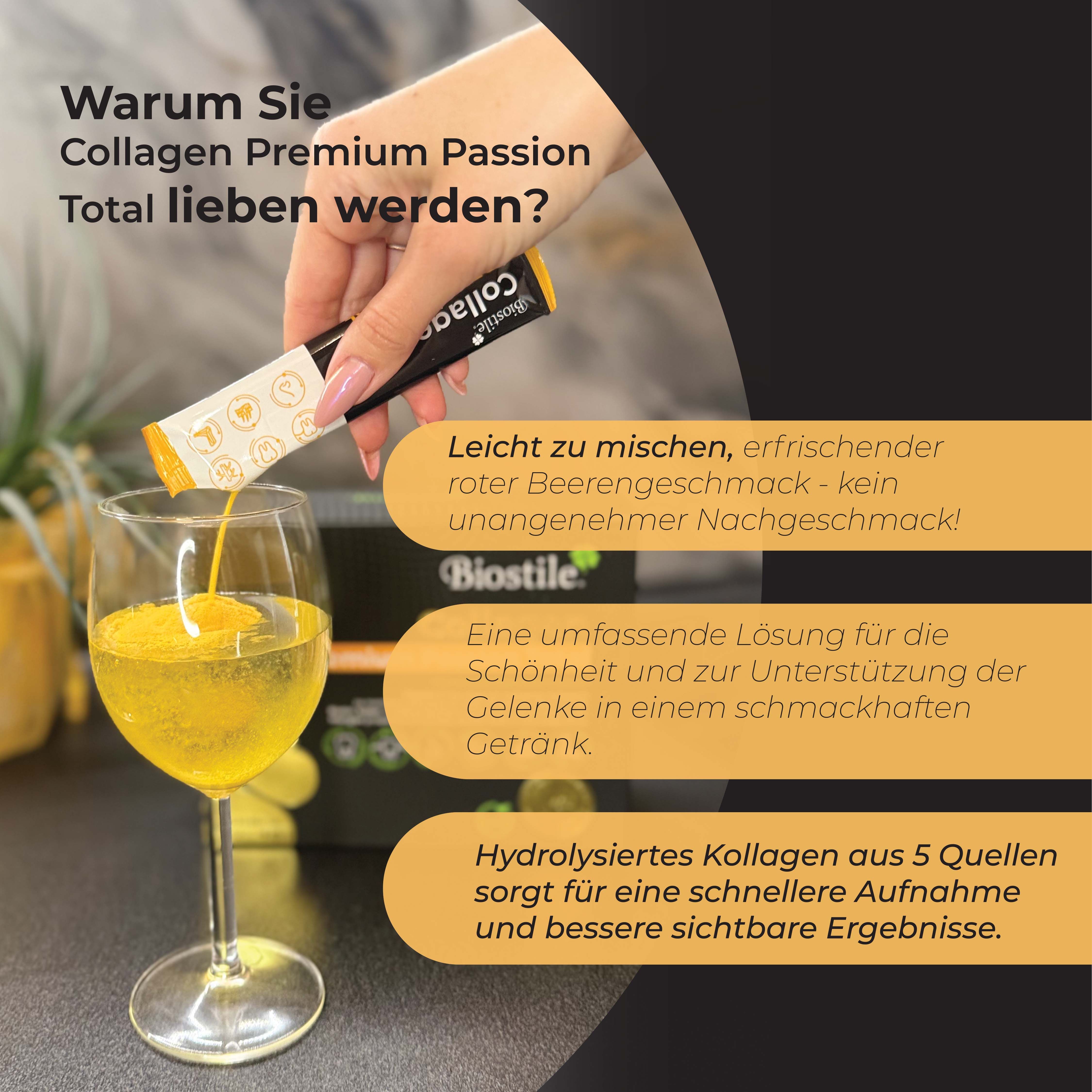 Person gießt gelbes Getränk aus einem Beutel in ein Weinglas. Text: "Biostile Collagen Premium Passion Total".