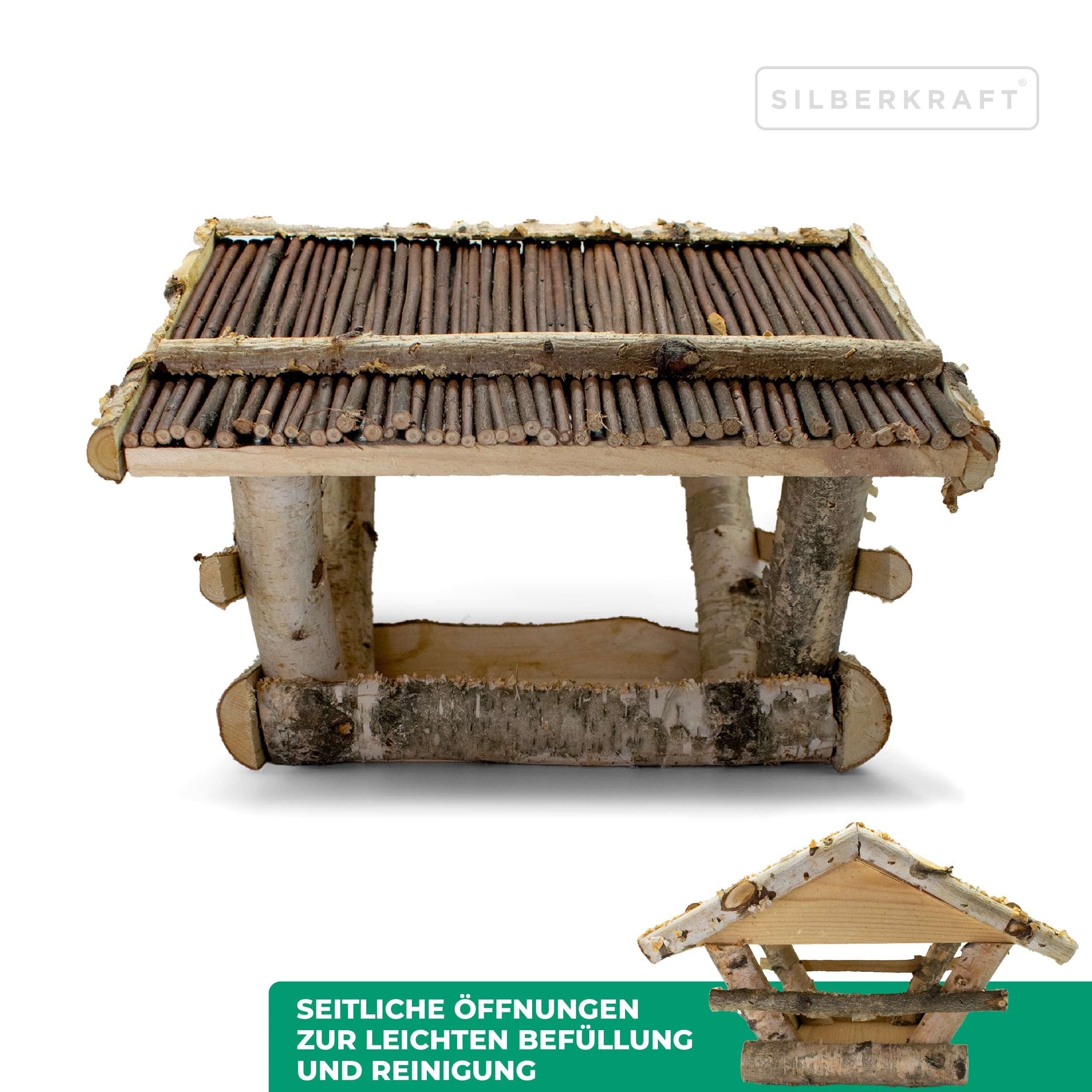 Vogelhaus mit Weidendach. Seitenöffnungen zur leichten Befüllung und Reinigung. Kleines Vogelhaus als Detailansicht.