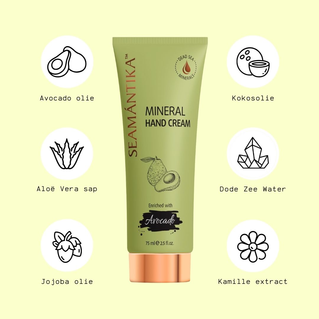 Groene handcrèmetube met ingrediënt iconen. Tekst: SEAMANTIKA, Mineral Hand Cream, Avocado. Ingrediënten: avocado-olie, etc.