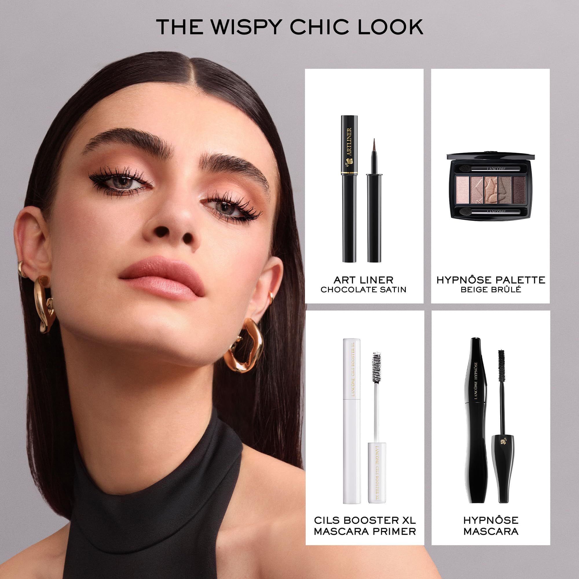 Frau mit Make-up. Produkte: Art Liner, Hypnôse Palette, Cils Booster XL, Hypnôse Mascara.