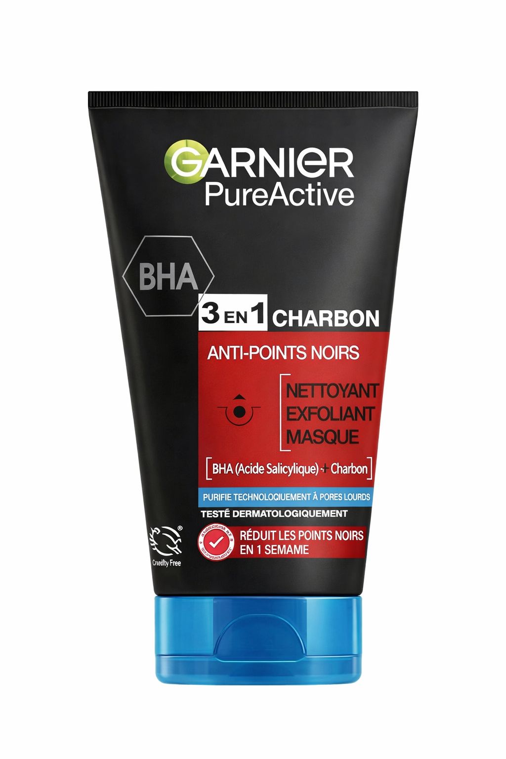 Garnier PureActive 3 in 1 Charbon. Schwarze Tube. Text: Anti-Mitesser, Reiniger, Peeling, Maske. Dermatologisch getest.