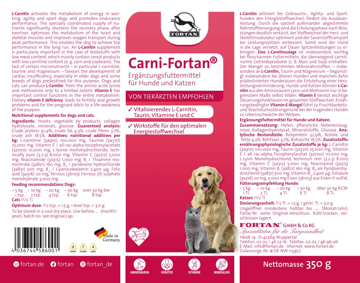 Produktverpackung. Rotes Etikett mit Produktname und Logo. Informationen zu Inhaltsstoffen und Dosierung. Abbildung von Hund und Katze.