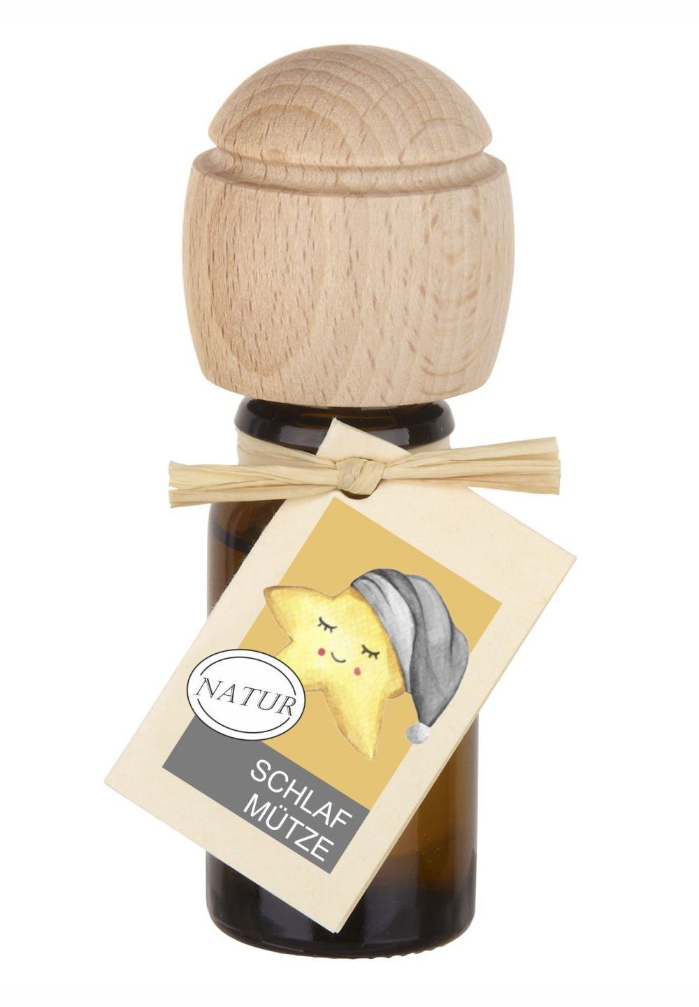 Braune Glasflasche mit Holzverschluss und Anhänger. Anhänger zeigt Stern mit Schlafhaube. Aufschrift: Schlaf Mütze.