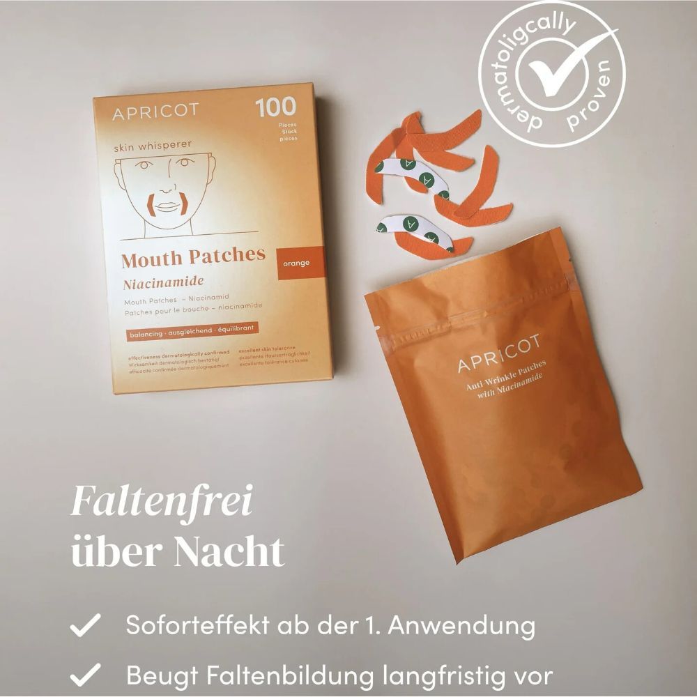 Verpackung und Packung Mund-Patches. Text: APRICOT, Mouth Patches Mini, Niacinamid. Dermatologisch getestet.
