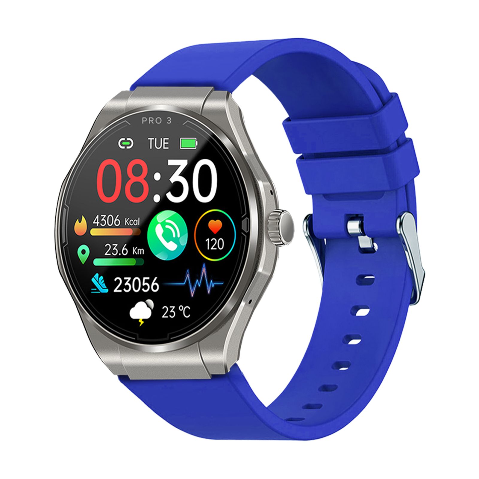 Smartwatch mit rundem Zifferblatt, blauem Armband und silbernem Gehäuse. Zeigt Uhrzeit, Datum, Herzfrequenz und Aktivitätsdaten.