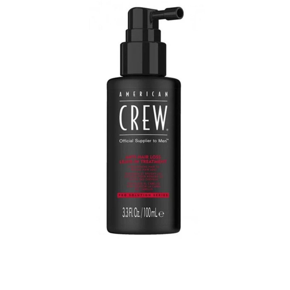 Schwarze Flasche mit Pumpkopf. Aufschrift: AMERICAN CREW. Produktbezeichnung und Volumenangabe.