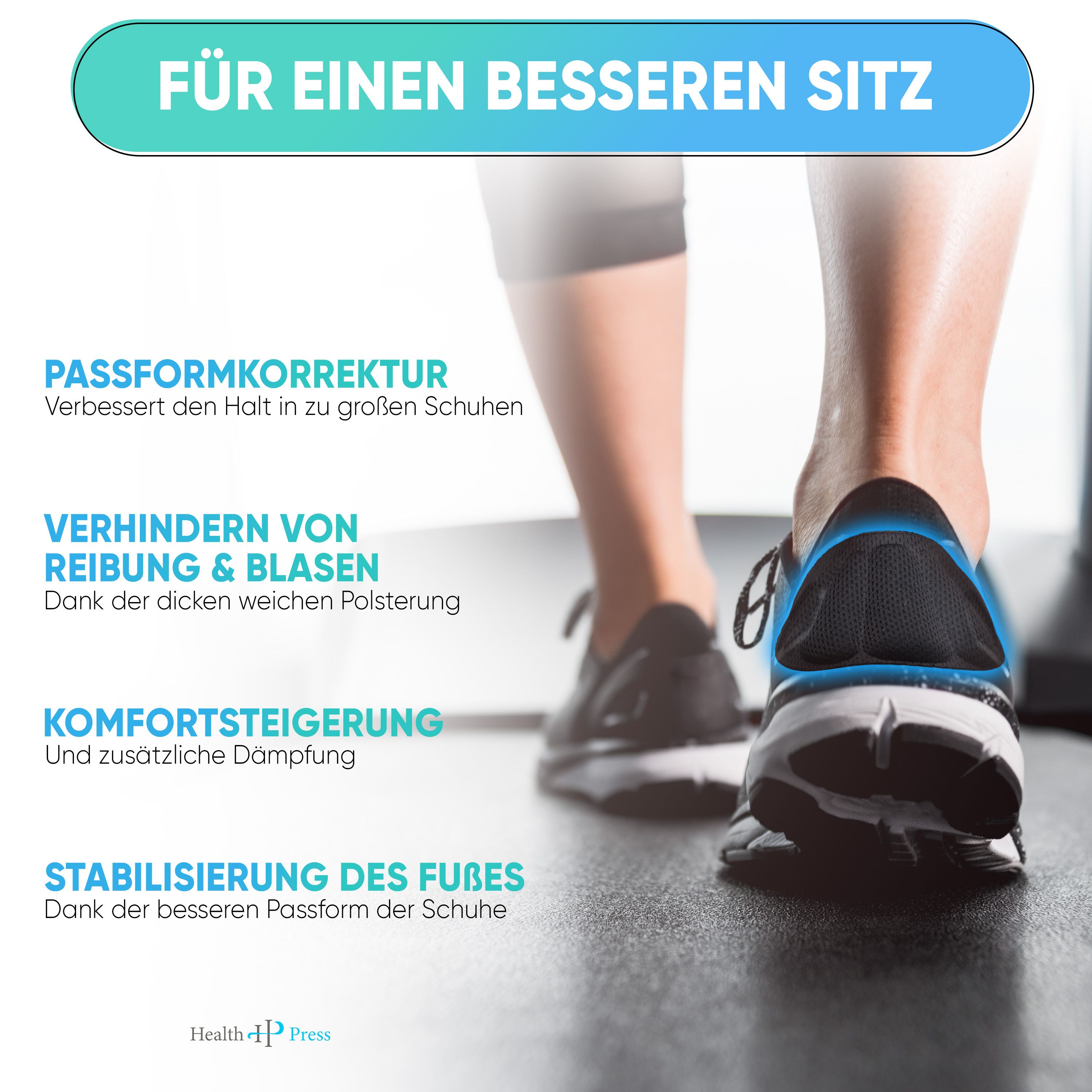 Nahaufnahme eines Fußes in einem Schuh mit einem Fersenpolster. Text: Passformkorrektur, Verhindern von Reibung & Blasen, Komfortsteigerung, Stabilisierung des Fußes.