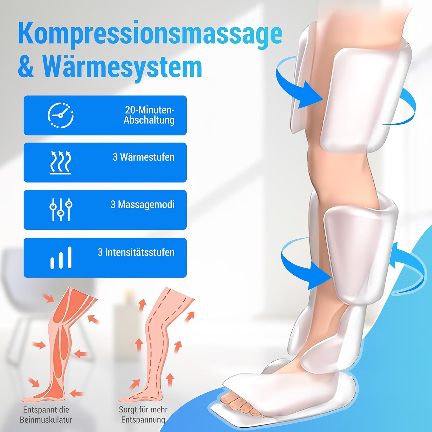 Kompressionsmassagegerät für die Beine mit 3 Wärmestufen, 3 Massagemodi, 3 Intensitätsstufen und 20-Minuten-Abschaltung.