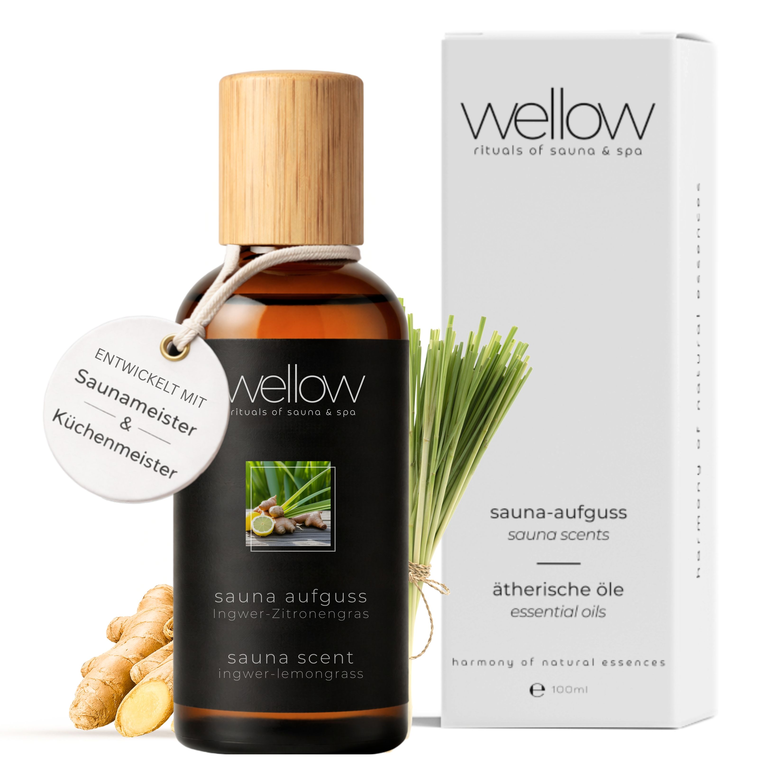 Braune Flasche mit Holzdeckel, Ingwer, Zitronengras. Text: Sauna-Aufguss Ingwer-Zitronengras. Ätherische Öle. Verpackung.