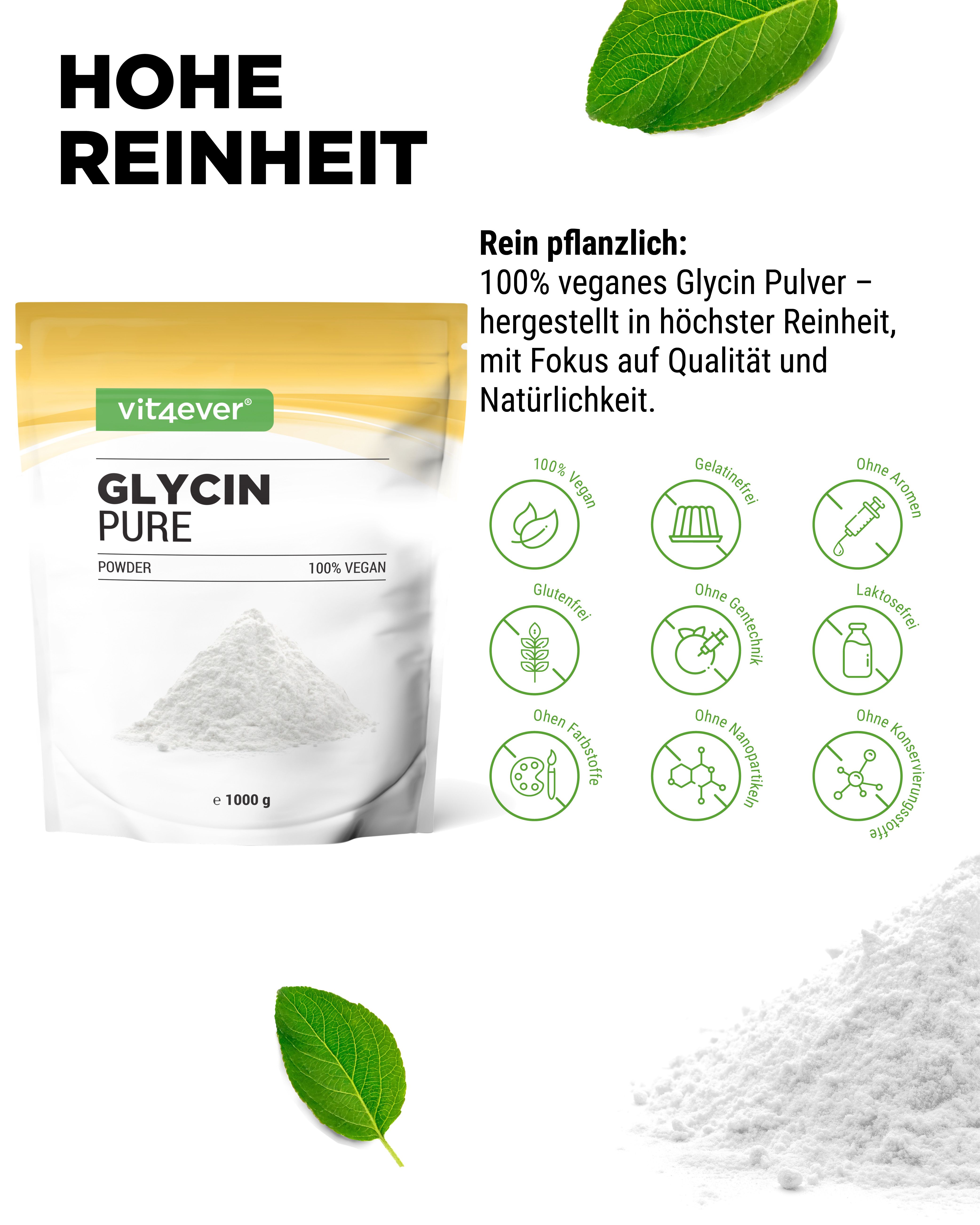 Produktabbildung: GLYCIN PURE, POWDER, 100% VEGAN. Marke: vit4ever. Text: Hohe Reinheit. Symbole: 100% vegan, glutenfrei, ohne Aromen.