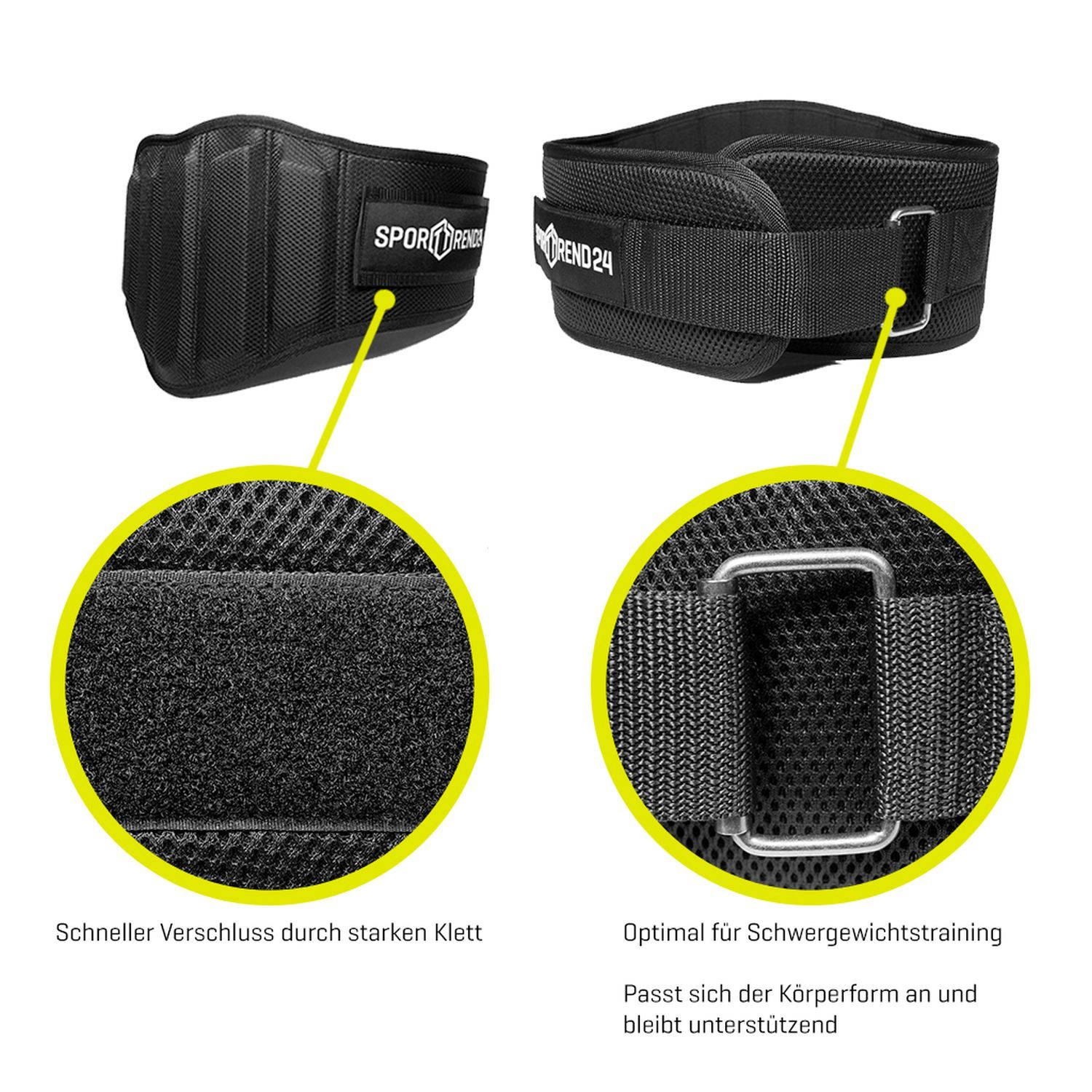 Nahaufnahmen von Details eines Gewichthebergürtels. Klettverschluss und Schnalle sind zu sehen. Text: "SPORTTREND24".