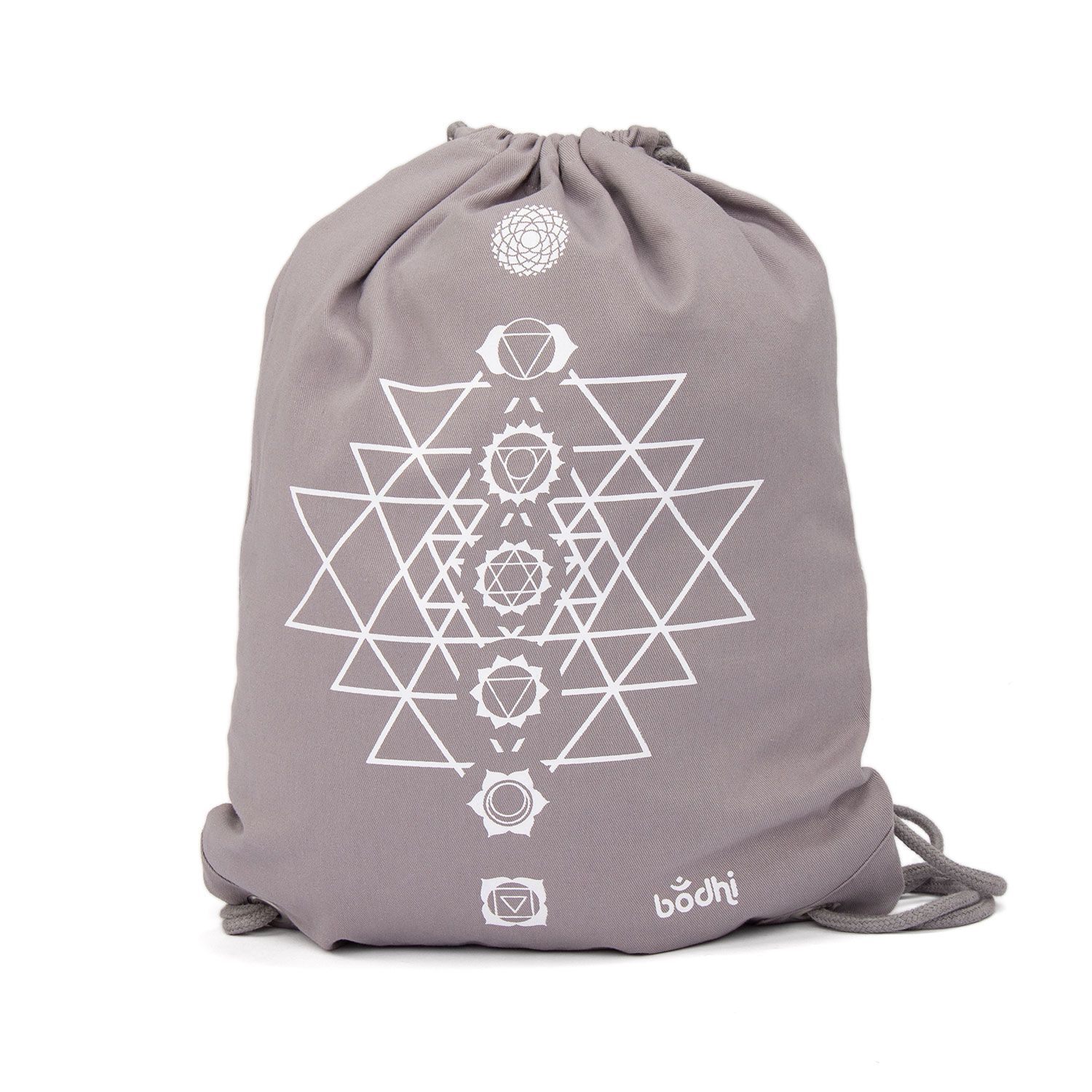 bodhi Turnbeutel GymBag YANTRA CHAKRAS, grau mit weißem Print, 100% Baumwolle