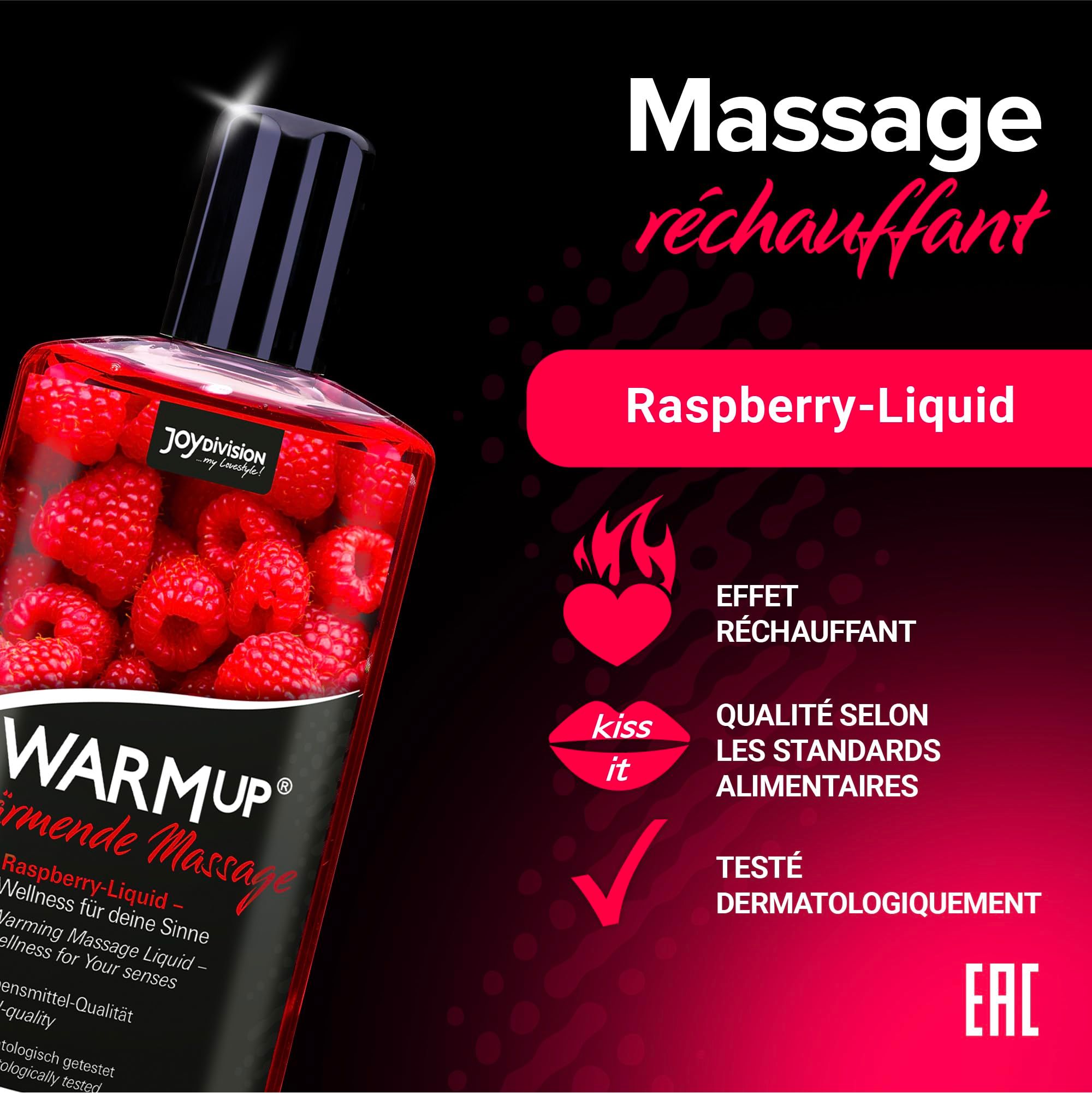 Flasche mit Himbeer-Massageöl, mit Text über wärmende Wirkung und Lebensmittelqualität.