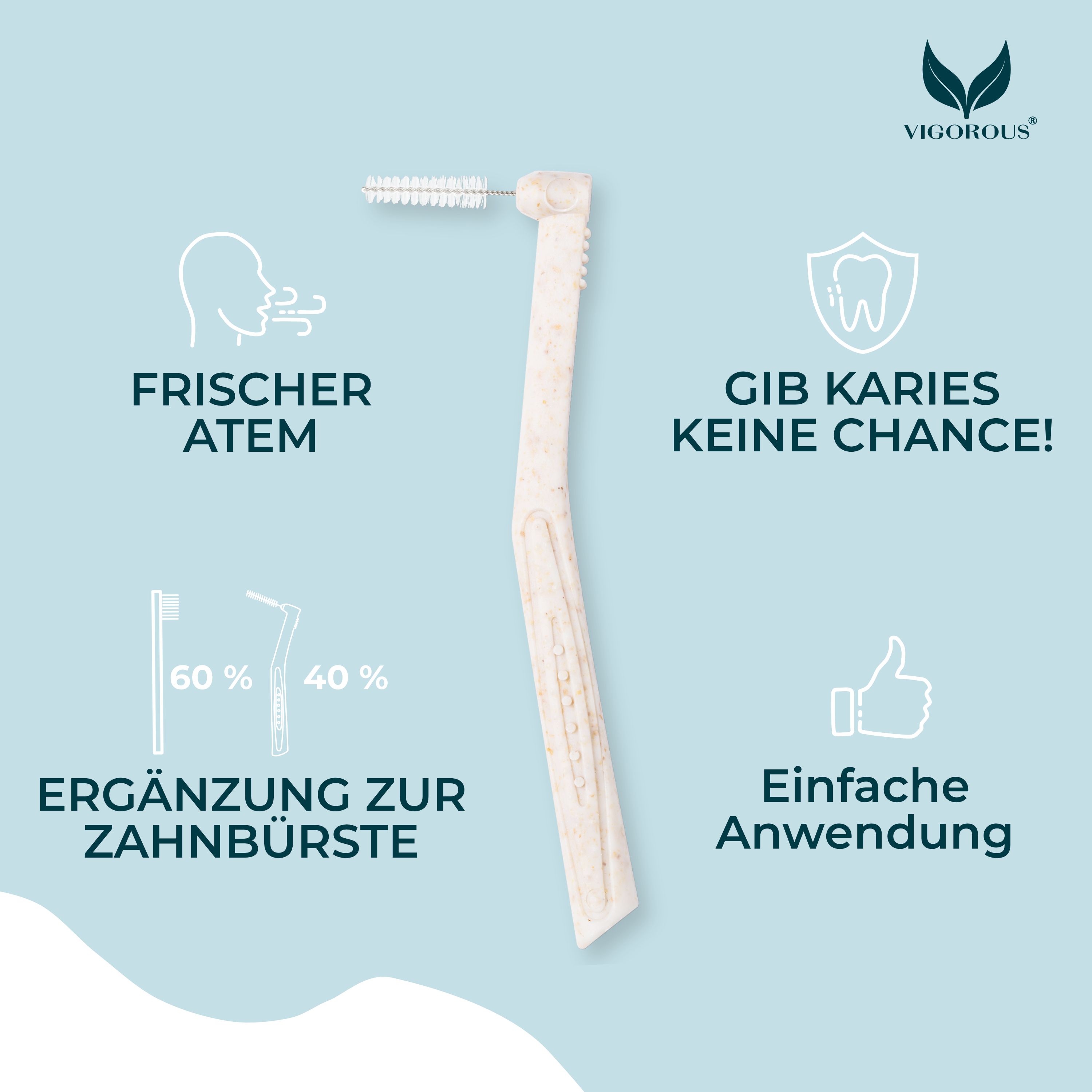 Interdentalbürste mit L-Form. Aufschrift: Frischer Atem, einfache Anwendung, Ergänzung zur Zahnbürste. Marke VIGOROUS®.