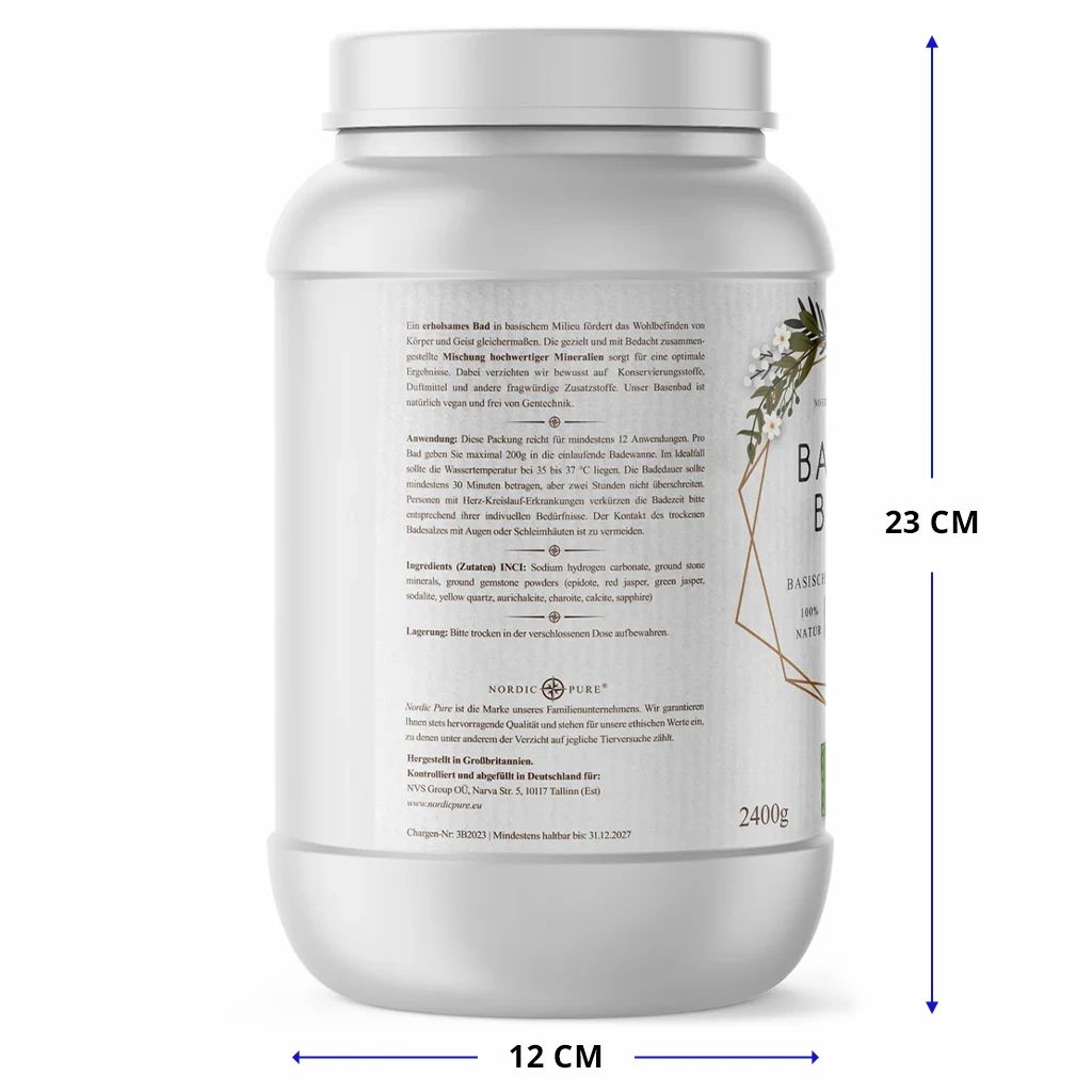 Weißes Produktgebinde mit Maßen: 12 cm x 23 cm. Text: BASEN BAD, 2400g.