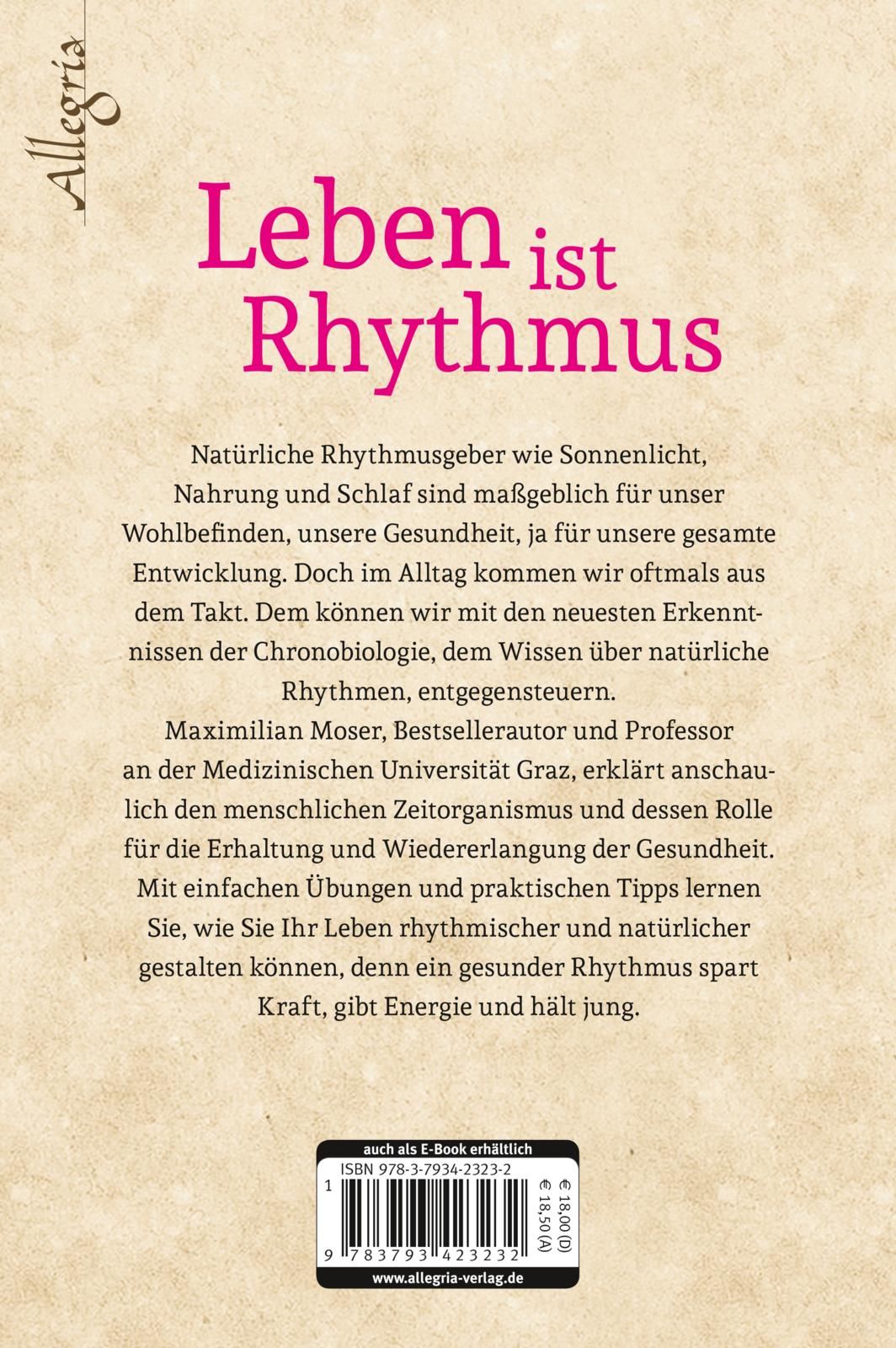 Buchrücken mit Text "Leben ist Rhythmus". Autor: Maximilian Moser. Verlag Allegria. ISBN-Code.