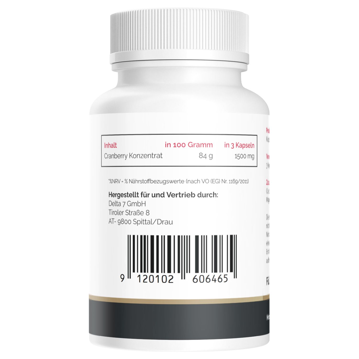 Rückseite einer weißen Flasche. Text: Cranberry Konzentrat. Barcode. Herstellerinformationen.