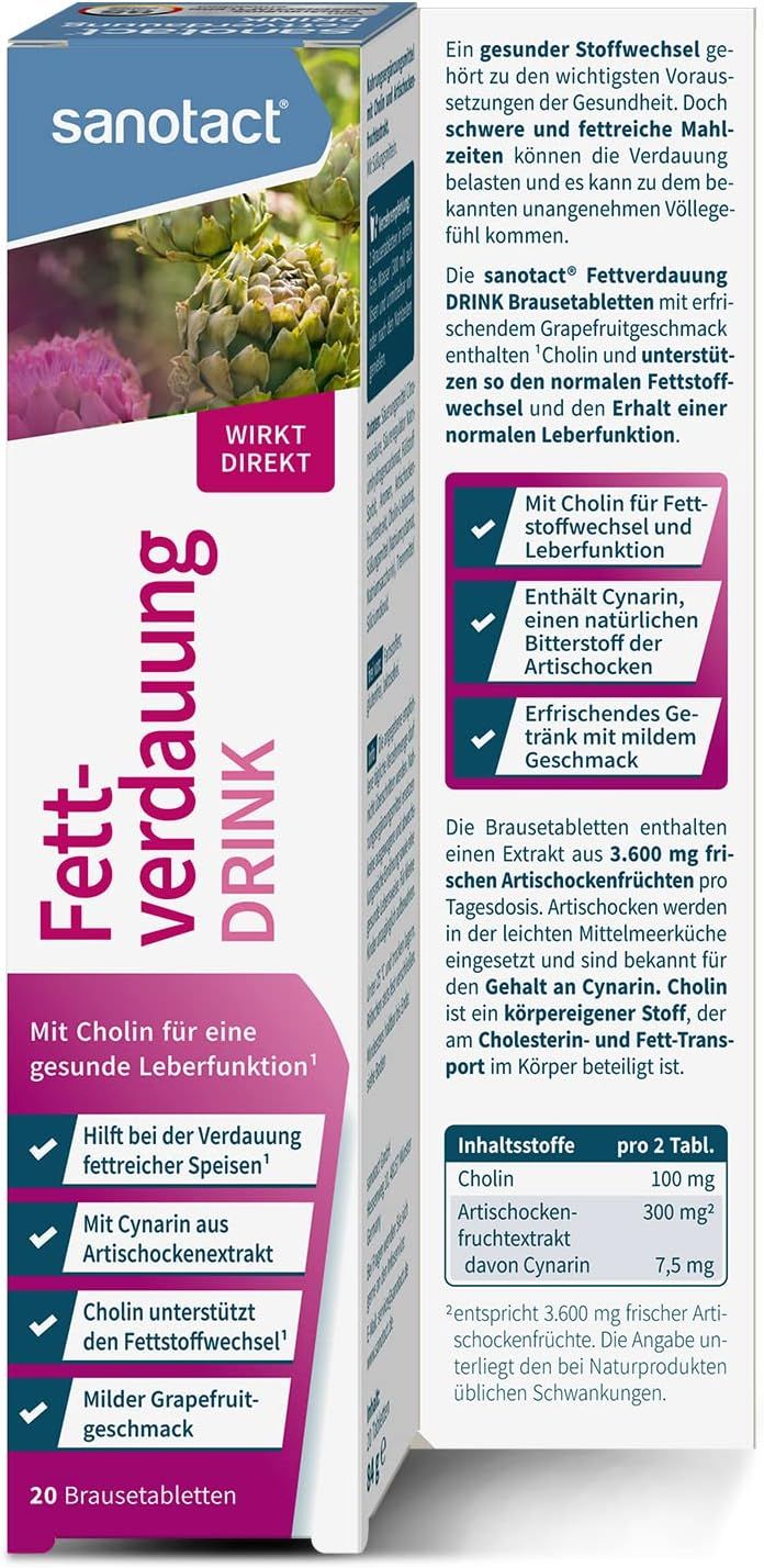 sanotact Fettverdauung Drink (12 x 20 Brausetabletten) • Artischocke mit Cholin für Fettstoffwechsel
