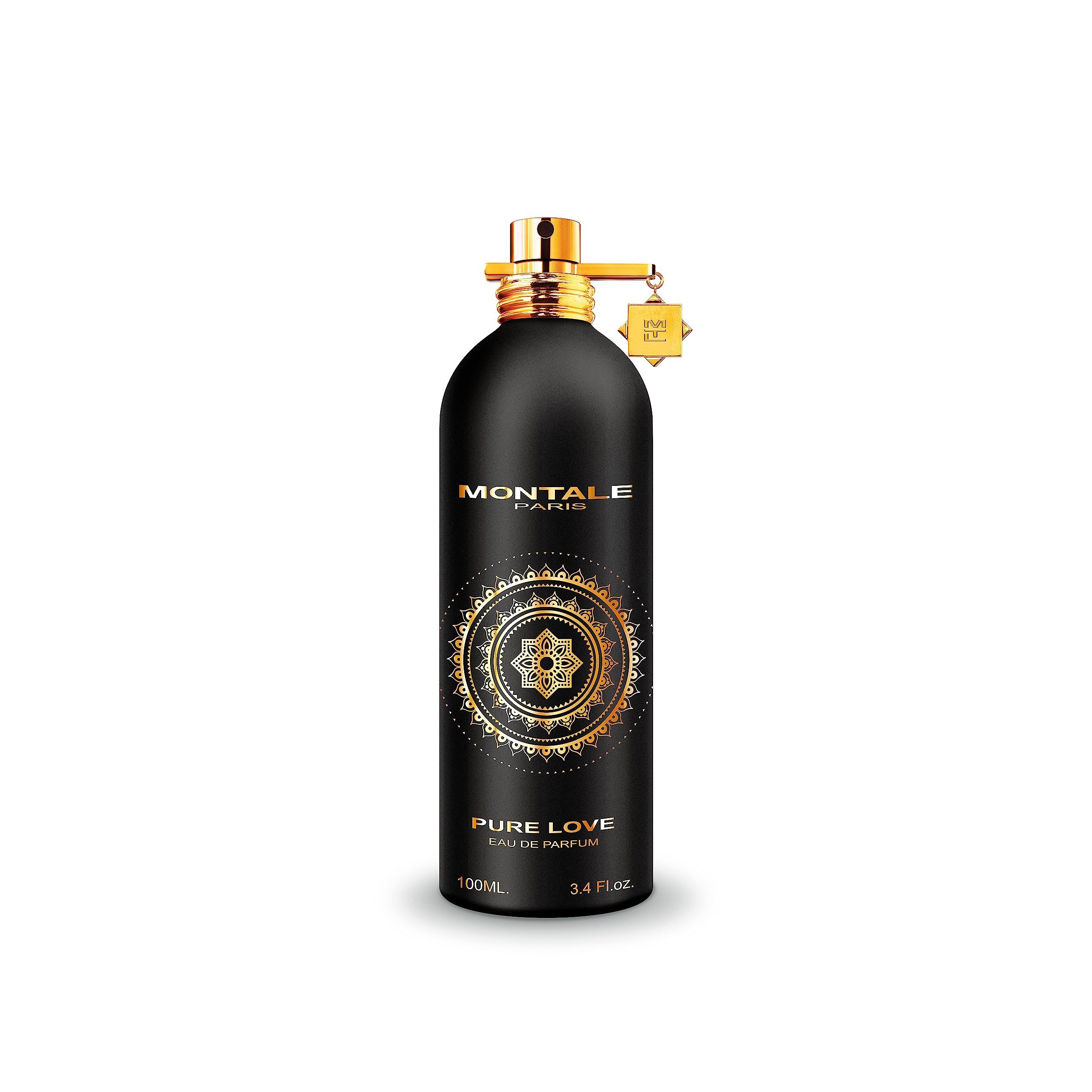 Schwarze Flasche mit goldenen Details. Aufschrift: MONTALE PARIS, PURE LOVE, Eau de Parfum. Goldener Zerstäuber.