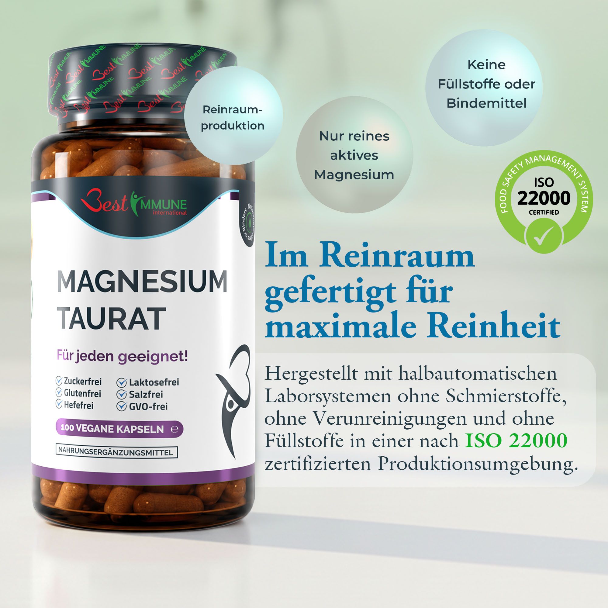 Braune Kapsel mit Etikett, das Reinraumproduktion und ISO 22000-Zertifizierung hervorhebt.