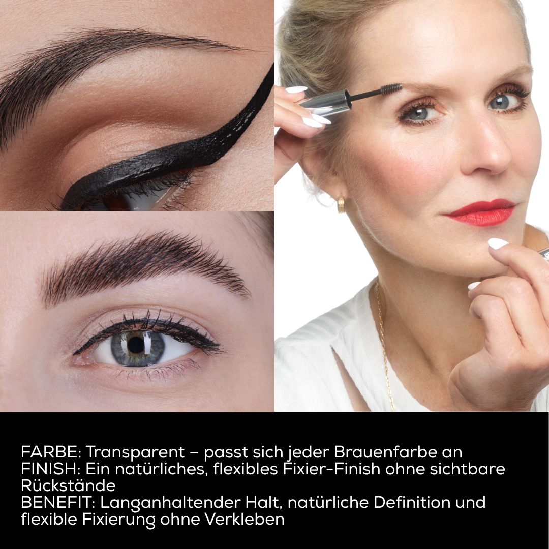 Collage: Augenbrauen, Lidstrich, Frau mit Augenbrauengel. Text: transparente Farbe, flexibles Finish, langanhaltender Halt.