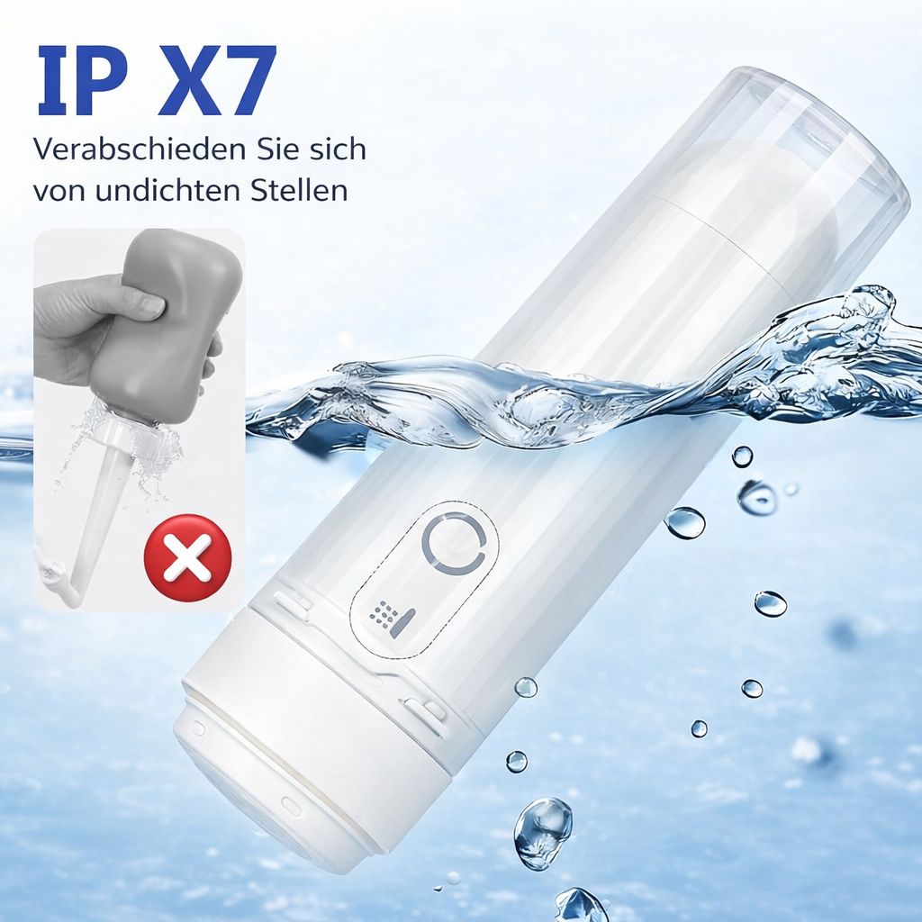 Weißes, tragbares Bidet im Wasser. IP X7-Zertifizierung. Vergleich mit einem grauen, nicht-wasserdichten Bidet.