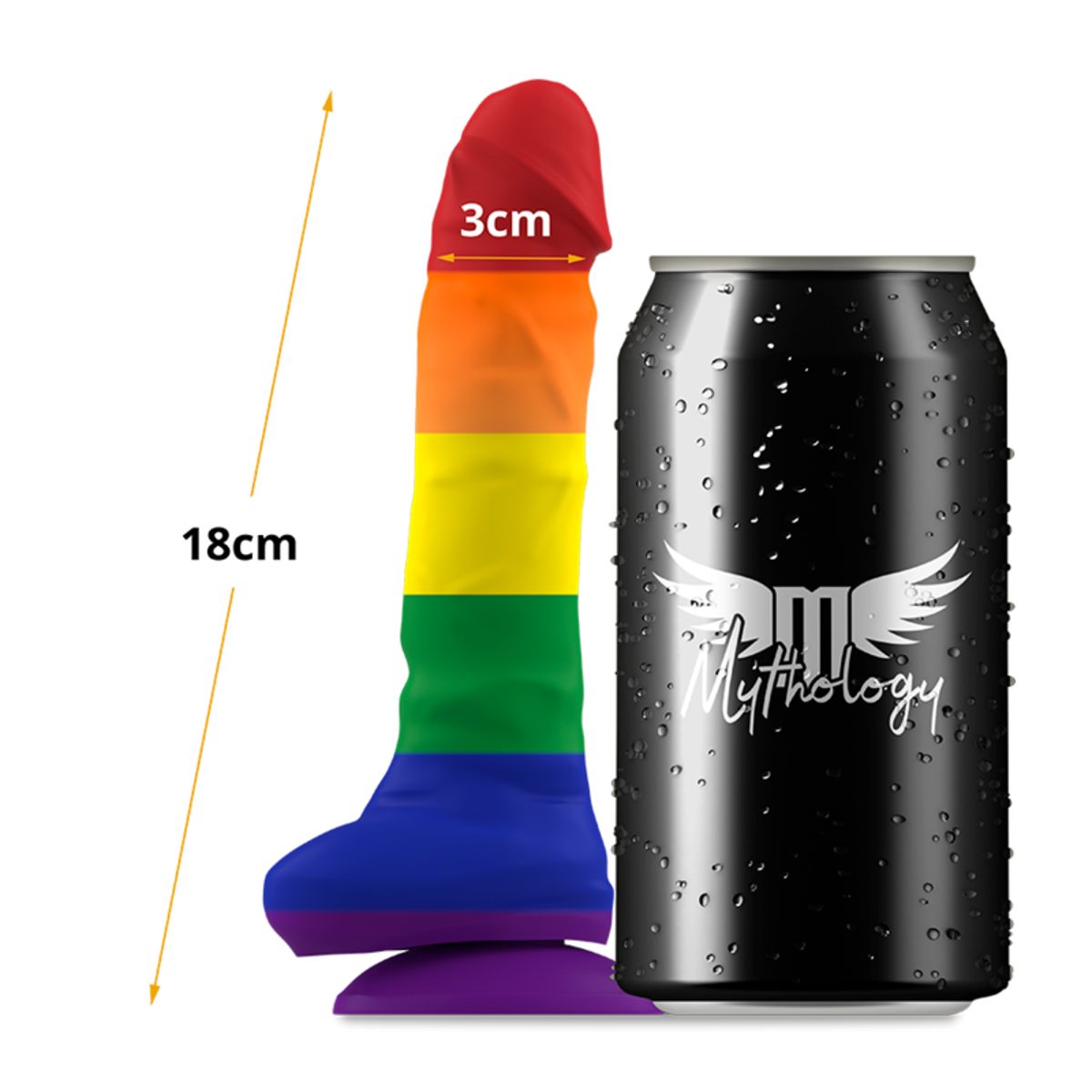 Regenbogenfarbiger Dildo mit Saugnapf und Maßangaben. Neben einer Dose. Marke: Mythology.