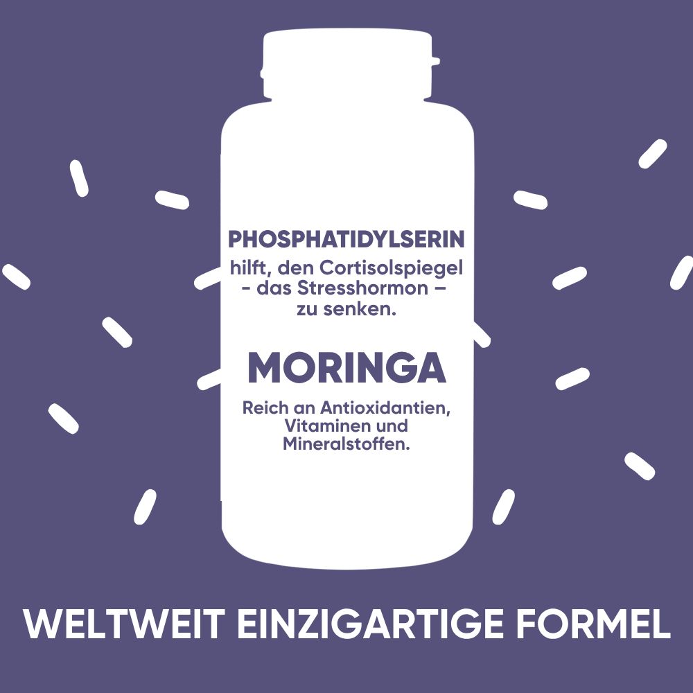 Flasche mit Moringa-Kapseln. Enthält Phosphatidylserin und Moringa. Vegan.