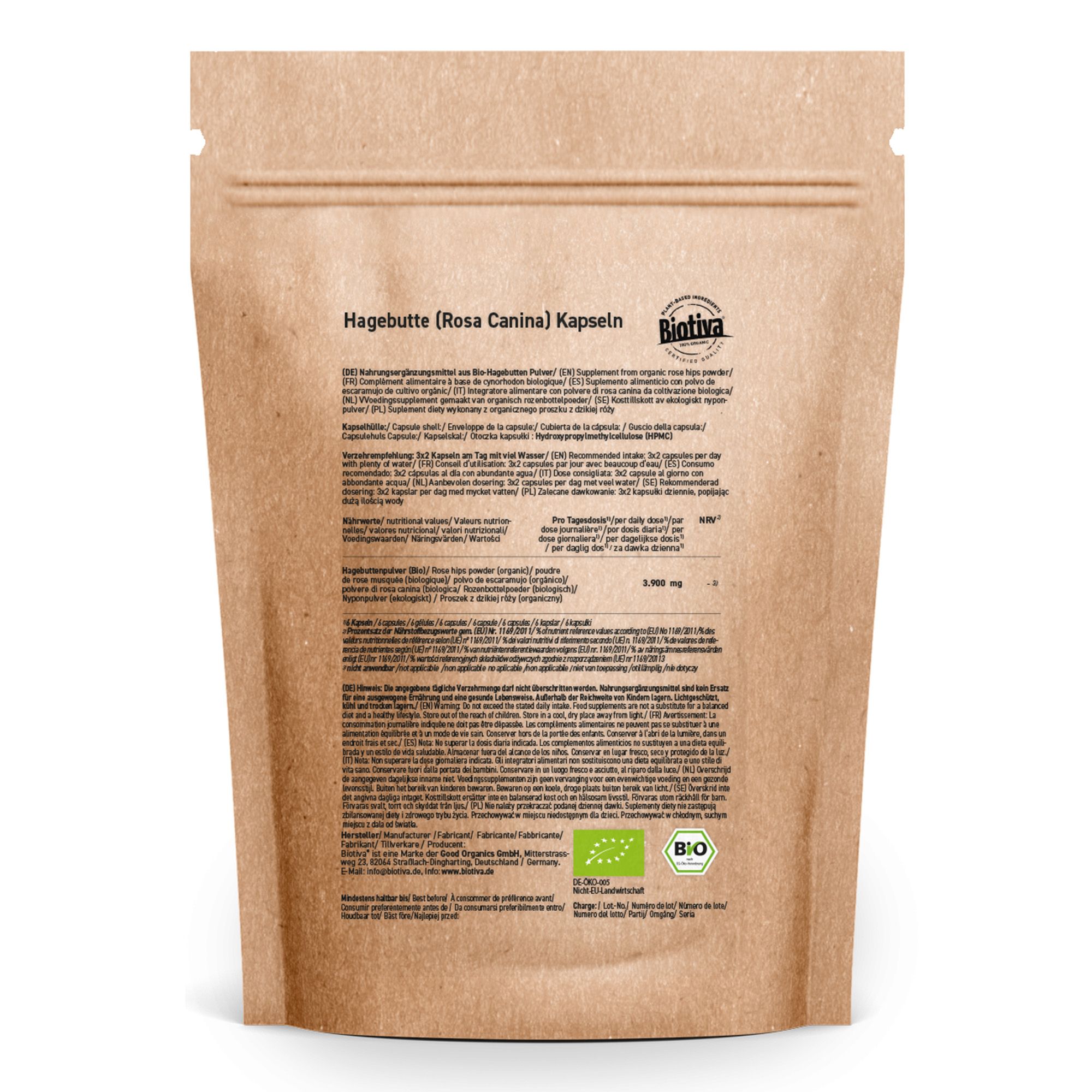 Rückseite einer braunen Papierverpackung. Text: Hagebutte (Rosa Canina) Kapseln, Inhaltsstoffe, Nährwertangaben, Bio-Siegel.