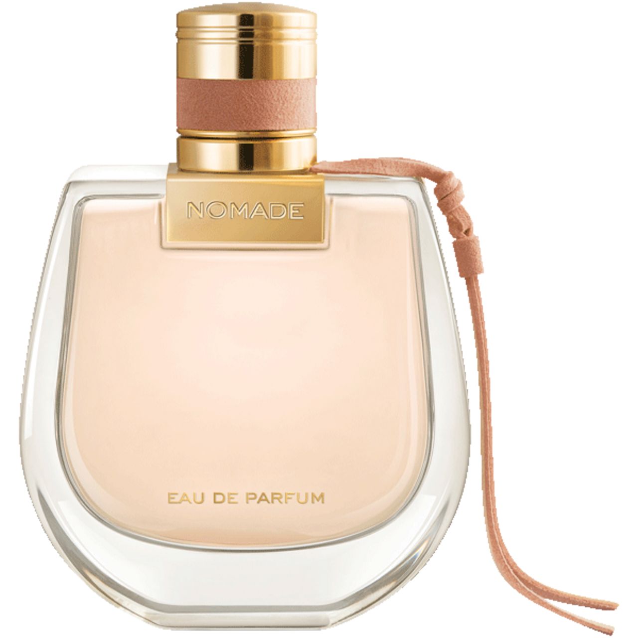 Parfümflakon mit goldfarbenem Verschluss und beigem Lederband. Aufschrift: Nomade Eau de Parfum.