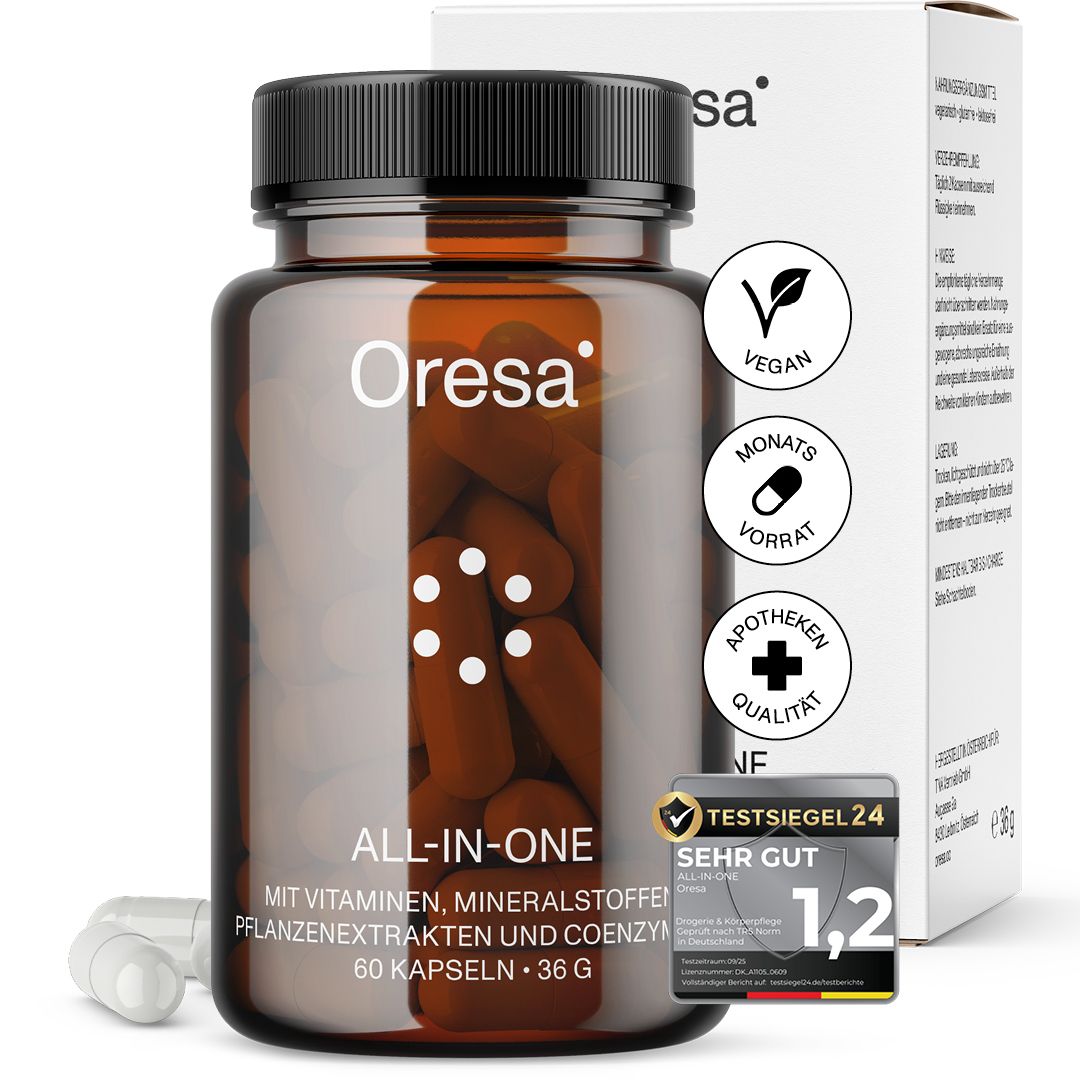 Braune Glasflasche mit Kapseln. Aufschrift Oresa, ALL-IN-ONE. Vegan, Monatsvorrat, Apotheken Qualität. Test Siegel 24. 60 Kapseln.