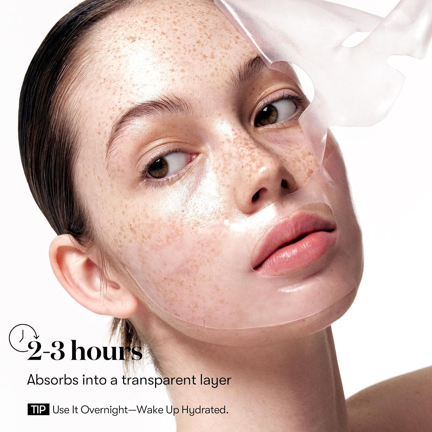 Gesicht einer Frau mit transparentem Hydrogel-Gesichtsmaske. Text: 2-3 Stunden, über Nacht.