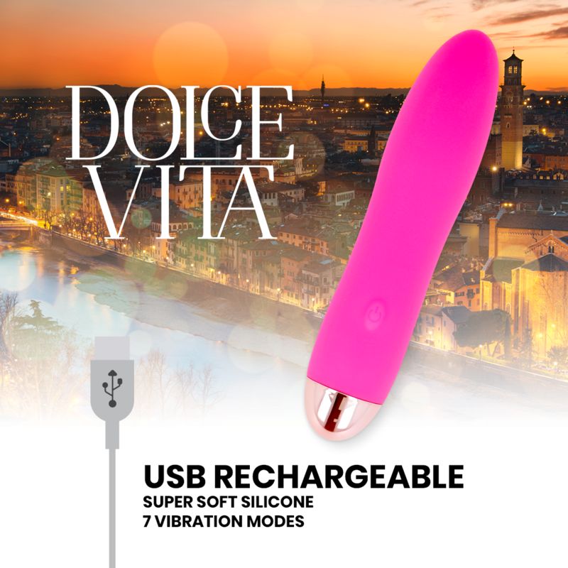 Pinkfarbener Silikon-Vibrator mit goldfarbenem Ende. USB-Ladekabel. Produktname und Text 'USB RECHARGEABLE'.